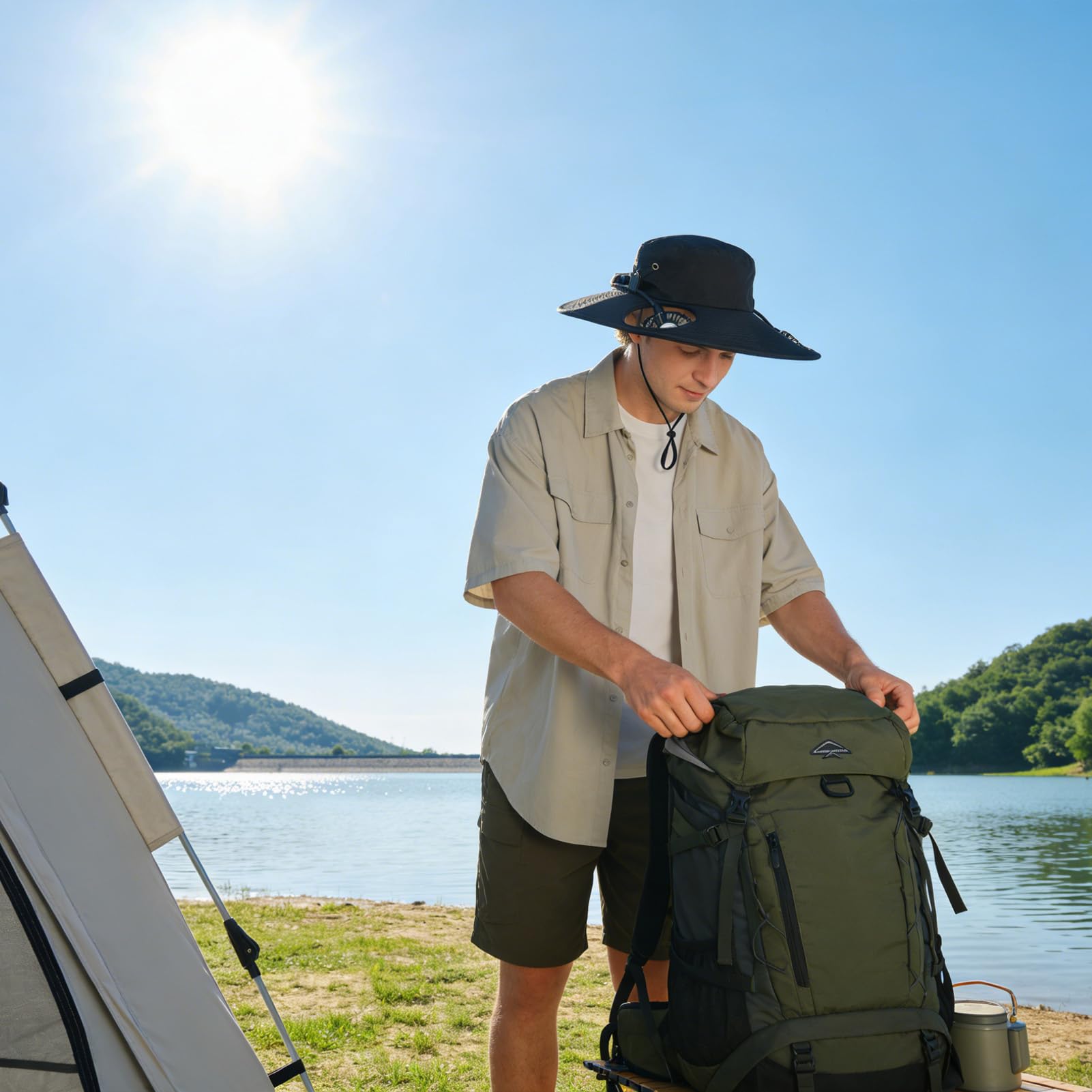 Sombrero de trekking de ala ancha con carga USB – Sombrero de cubo con ventilador integrado, para actividades al aire libre: camping, correr, jardinería, viajes, vacaciones, festivales, verano