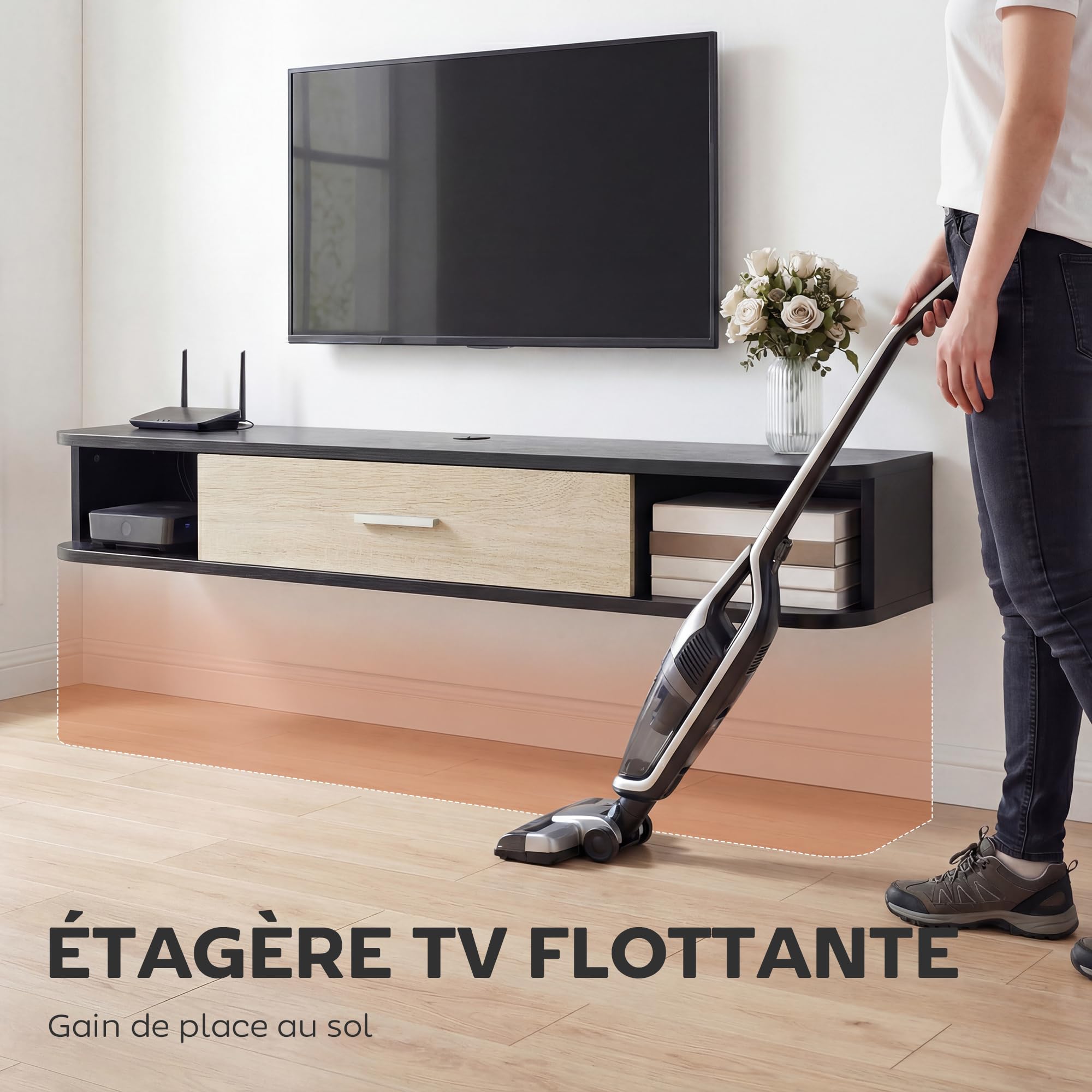 HOMCOM Meuble TV Suspendu 120 cm, Meuble télé pour téléviseur jusqu'à 50 Pouces avec Porte Rabattable, 2 Étagères Ouvertes et Passe-câbles, Banc TV Flottant pour Salon et Chambre, Noir et Chêne