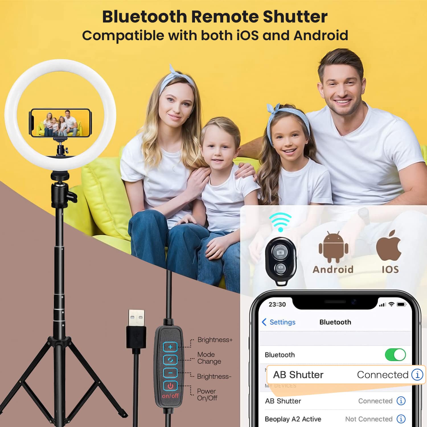 Anillo de luz con trípode y Soporte para teléfono, luz Circular LED Regulable de 10.2 Pulgadas con 3 Modos y 10 de Brillo, Control Remoto Bluetooth para Selfie, Maquillaje, Youtube, Video
