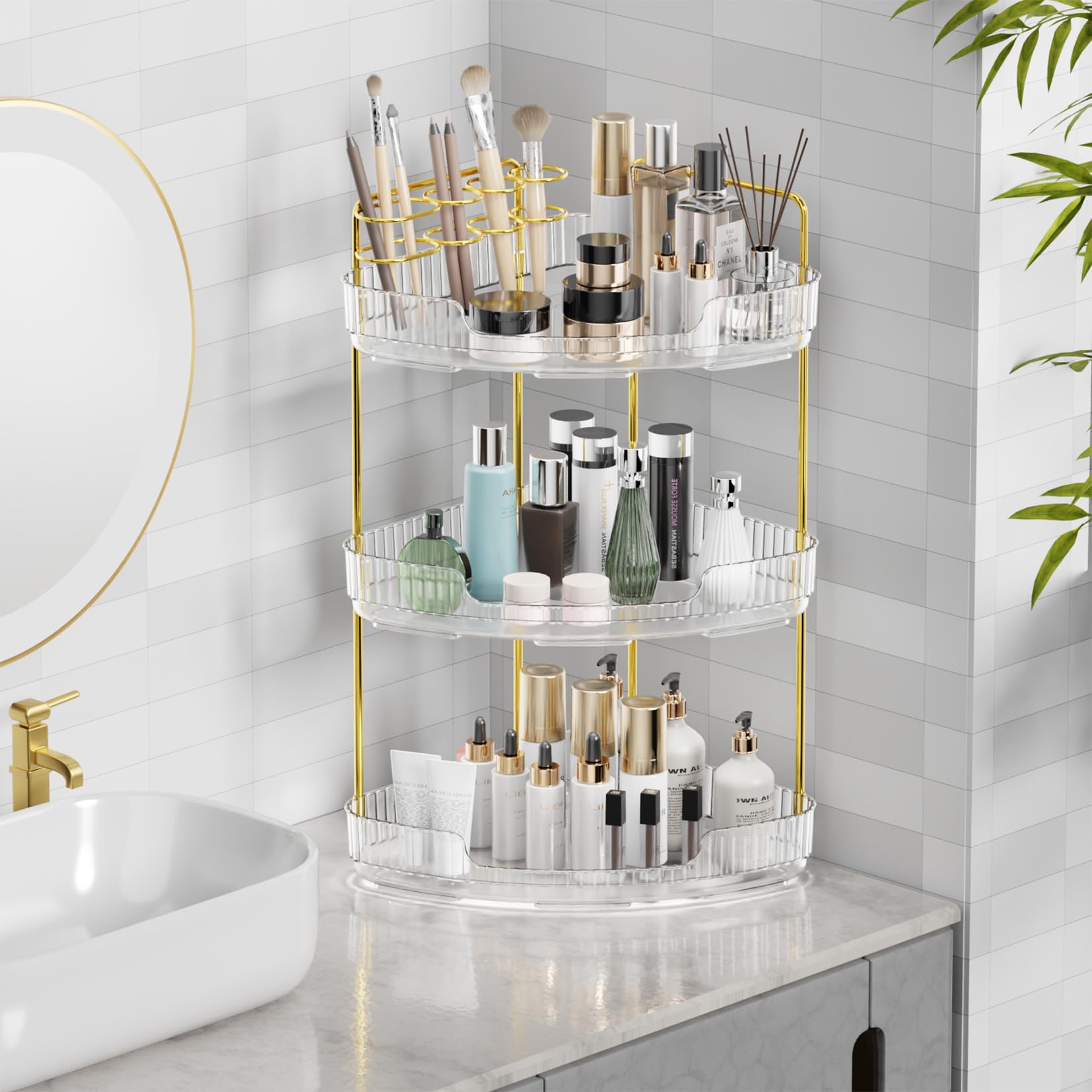 Umtiti 3-Tier Corner Bathroom Counter Storage Organizer, Tool-Free Installation Acrylic Vanity Shelf