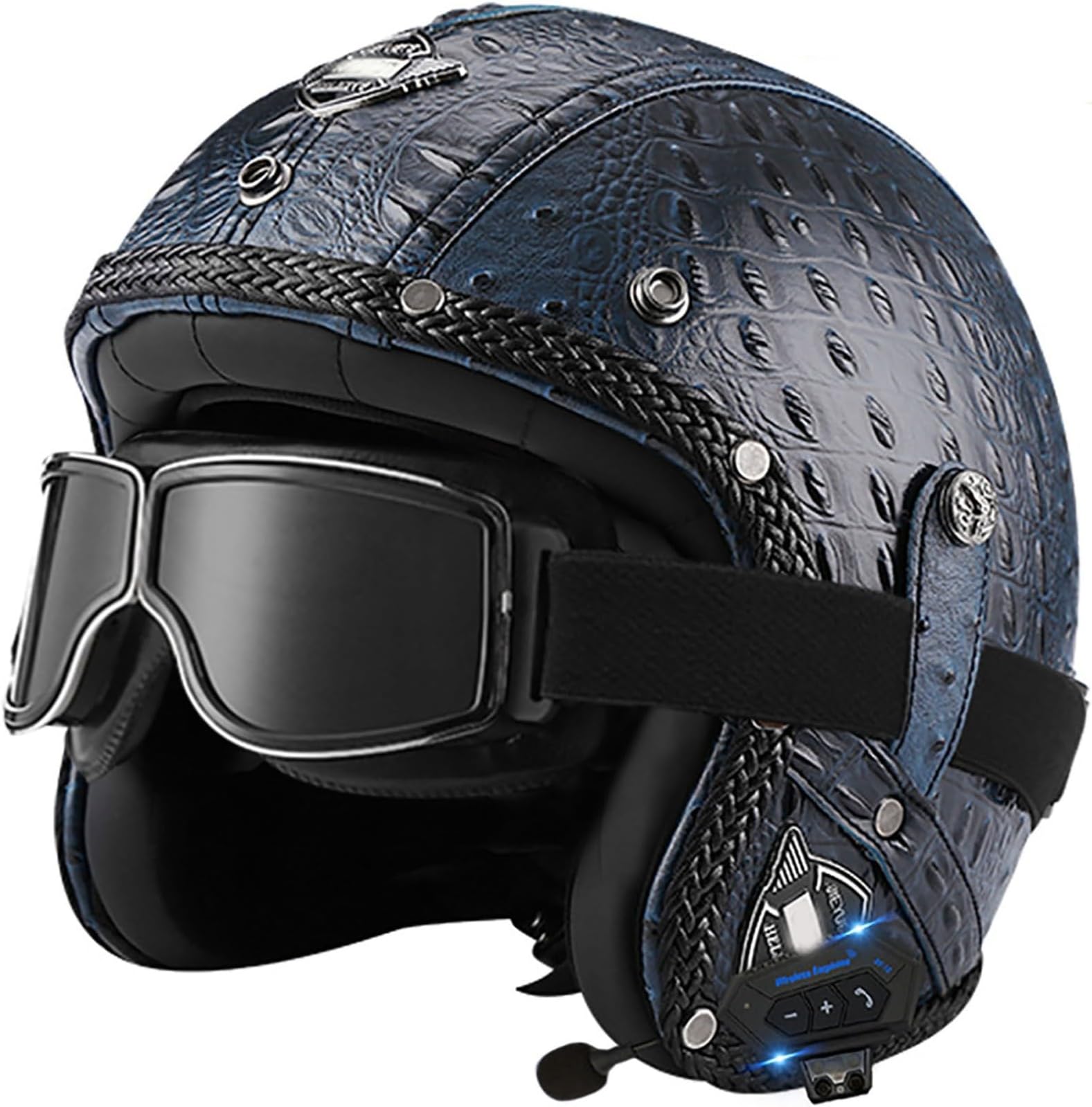 Retro Open Face Motorbike Helmet with Bluetooth, Leather Jet Helmet with Personalized Goggles, DOT Approved 3/4 Motorcycle Half Helmet, Crash Helmet for Adult Men and Women