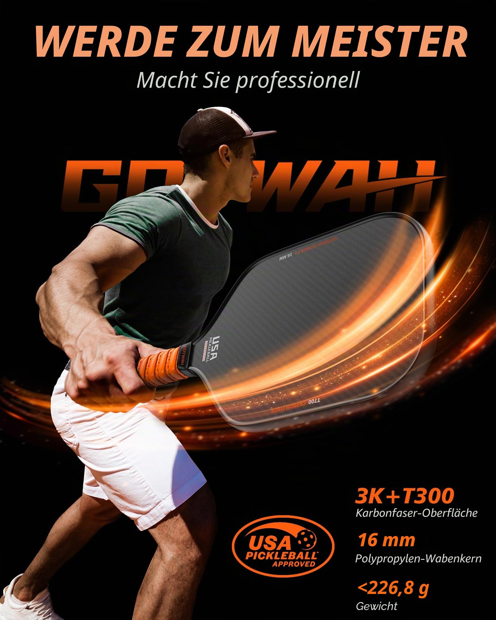 P1 Pickleball Schläger, 3K+T700 Pickleball racket Paddel Set, USAPA-zugelassener Pickleballschläger für Power und Kontrolle, 16 mm Polymer-Wabenkern, strukturierte Karbon-Körnung-Oberfläche für