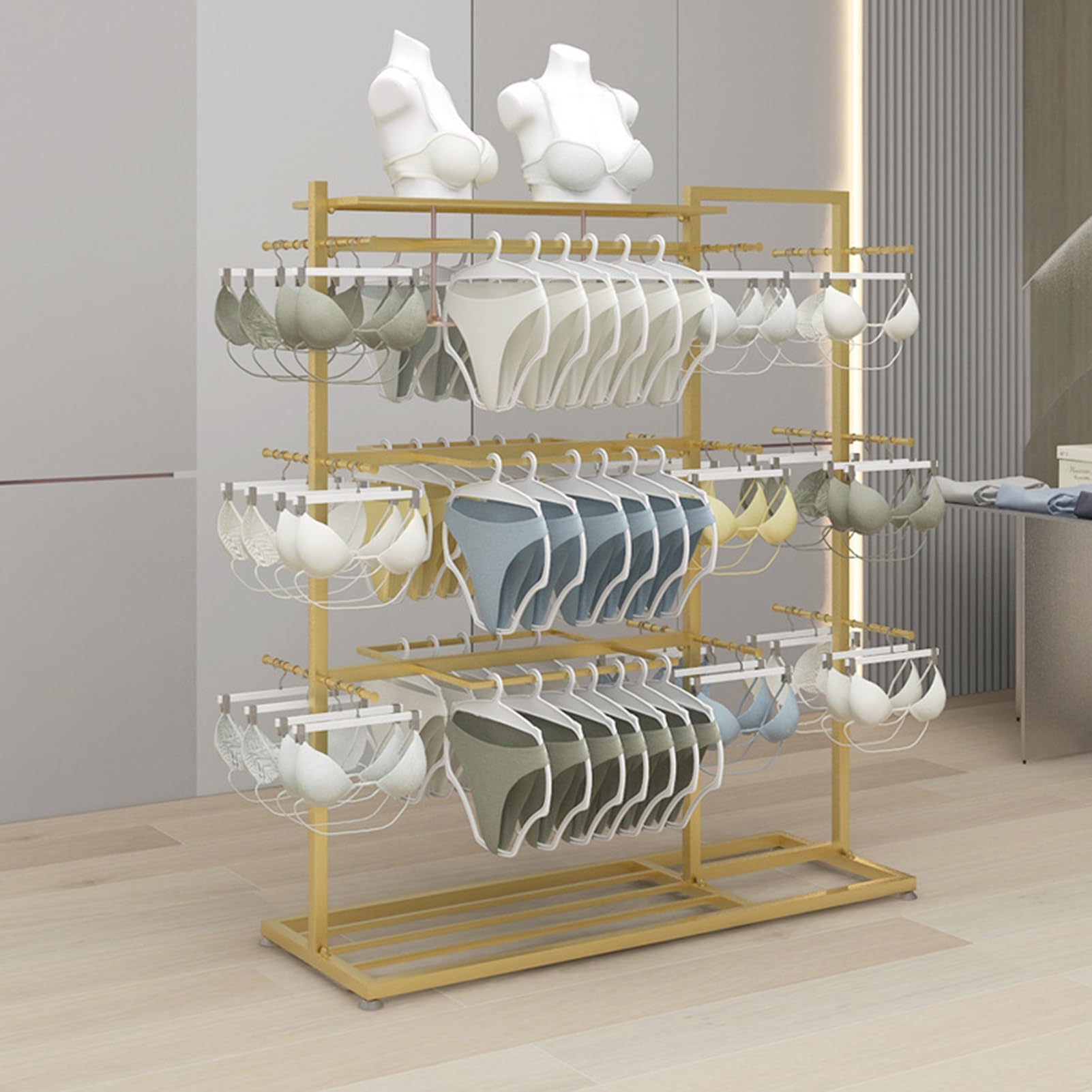 JYBNBBE Underwear Display Stand with Bra Panty Socks Storage, Metal Clothing Hangers for Retail Store Farmers Market Shopping Mall,Gold-120x40x135cm