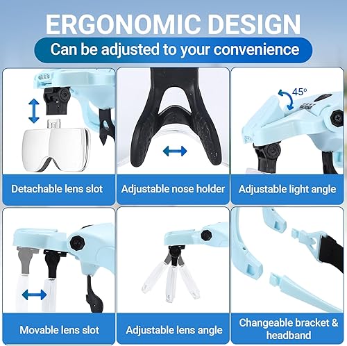 Miniatura 5 de YOCTOSUN Lupa con 4 luces LED, lupa de montaje en cabeza con estuche de almacenamiento, 5 lentes, diadema, visor de aumento iluminado manos libres