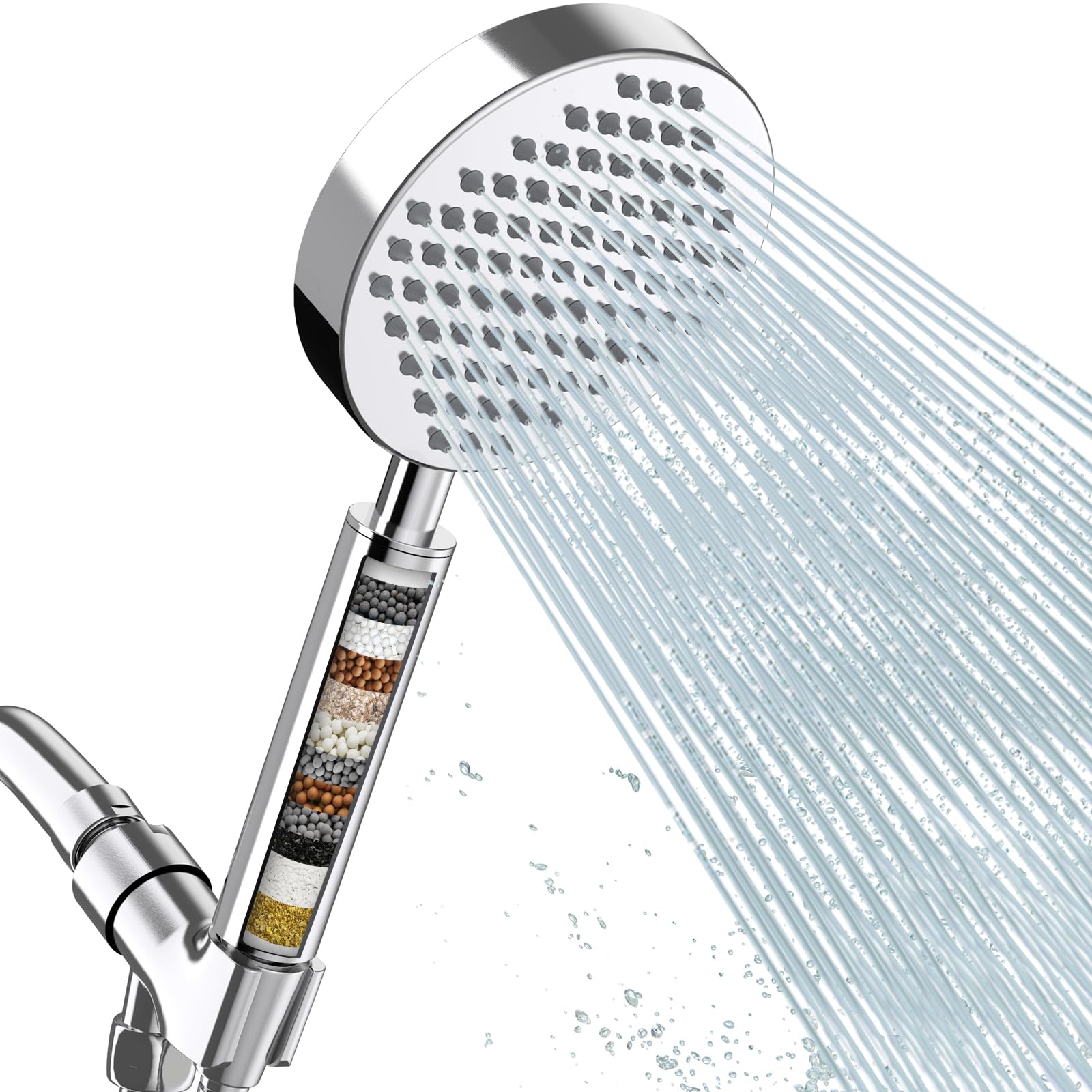 FEELSO Alcachofa de ducha filtrada de metal con cabezal de ducha redondo de mano, rociador de cuerpo de ducha, spa y masaje, montaje en pared y rotación de 360°
