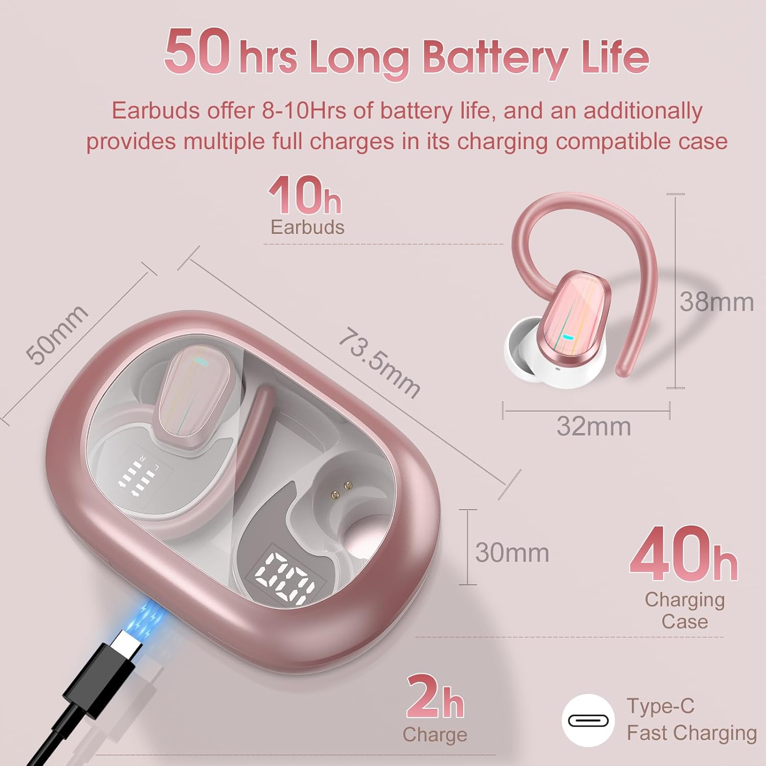 Wireless Earbuds, Bluetooth 5.4 Headphones Sport, Over Ear Buds with ENC Noise Canceling Mic, Deep Bass Stereo Ear Buds with Hook, 50H Playback, LED Display, IP7 Earphones for Workout, Rose Gold