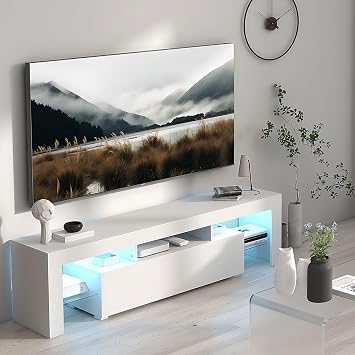 VFJ LED TV Stand for Televisions up to 55 Inchs,Modern with Storage Drawer and Glass Shelf Living Room,High Glossy Modern Entertainment Center, TV Game Console Table for Living Room,Bedroom White