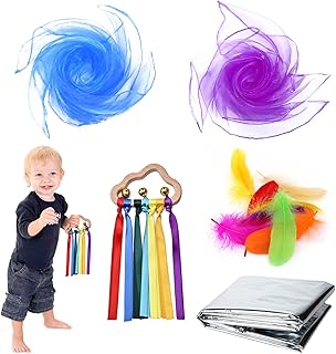 14 Piece Baby Sensory Set, Scettar Sensory Toys for Babies, Babies Rainbow Ribbon Rattle Toy Foil Blanket Candy Baby Sensory Scarf Feathers for Babies Newborn Infant Toddler Presents