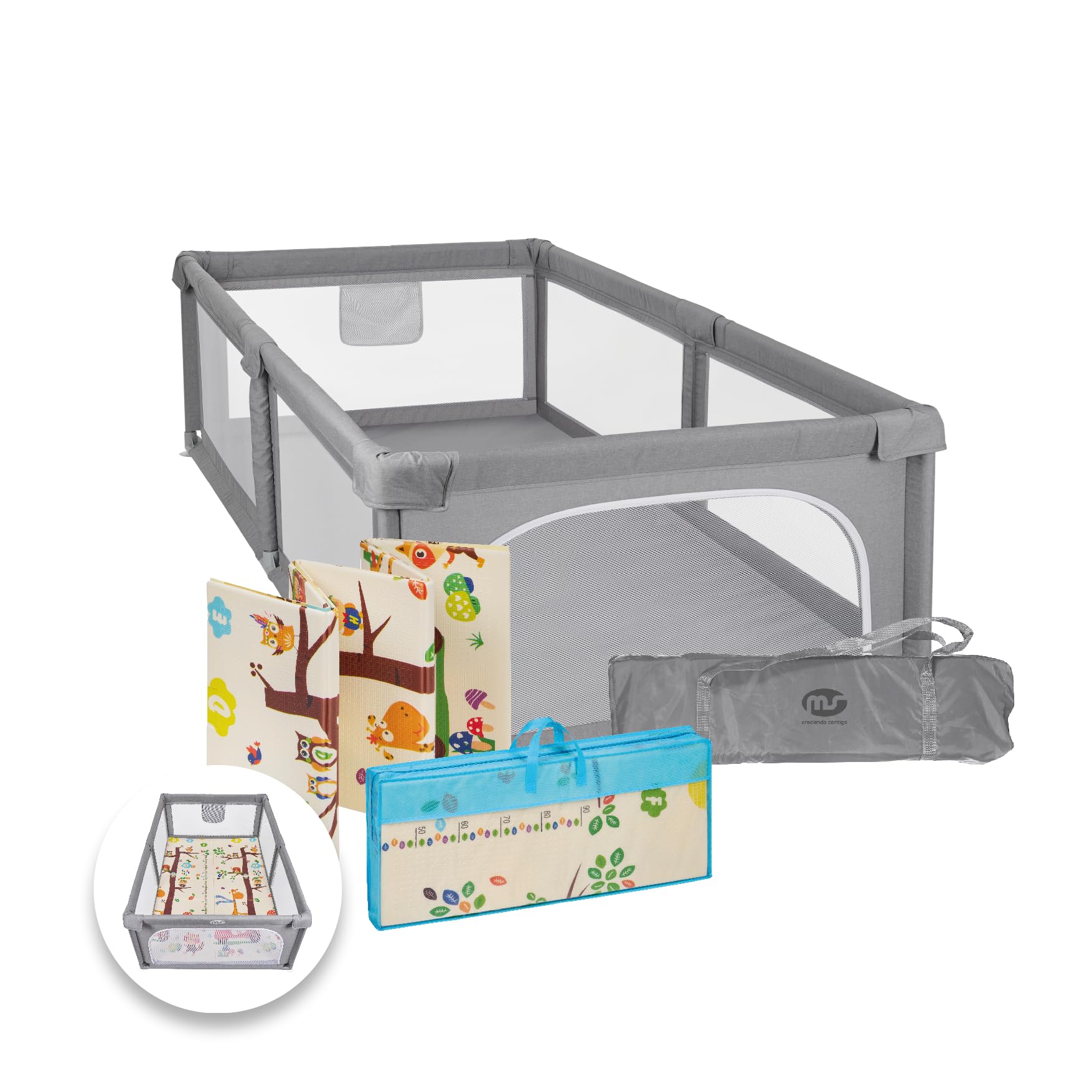 MS BabyWorld Parco XL + Tappeto da gioco per bambini 180 x 120 cm - Doppio lato, tappetino molto imbottito (1 cm spesso), parco molto grande - pieghevole e con borsa per il trasporto