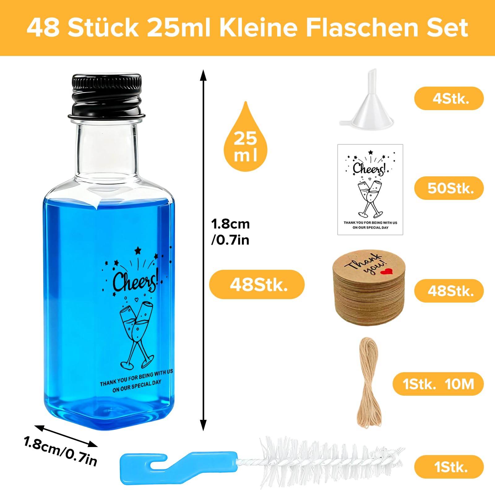 Sheryl&Rain 48 Pezzi Bottigliette Liquore Mignon, 25ml Mini Bottiglie Alcolici Bomboniere, Riutilizzabili Bottigliette Piccole Plastica con Adesivi, Funnel, Bottiglie Mignon per Matrimoni, Feste