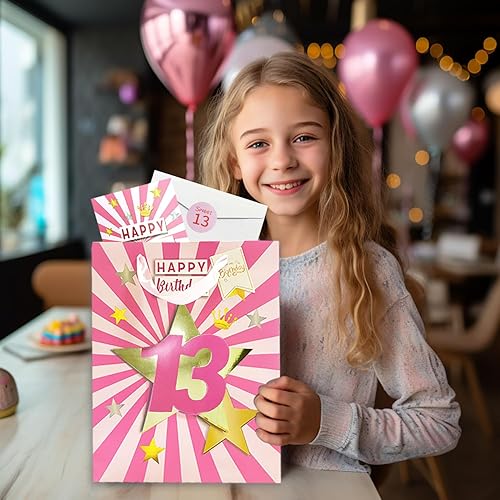 Miniatura 5 de Bolsa de regalo de cumpleaños número 13 con papel de seda, bolsa de regalo de cumpleaños rosa de 13 pulgadas con tarjeta y papel de seda, regalos de