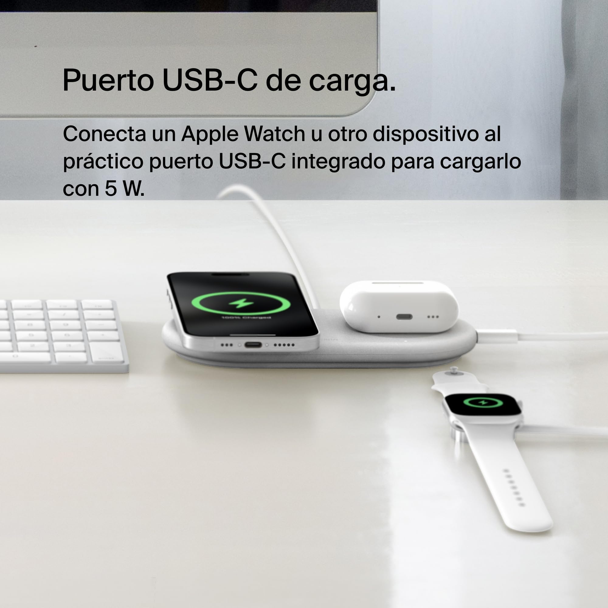 Belkin BoostCharge Pro Cargador Inalámbrico 2 en 1 con tecnología Magnética Qi2, 15W, Estacion de Carga Rápida Inalámbrica Compatible con Magsafe para iPhone 17, Air, Pixelsnap, AirPods - Blanco