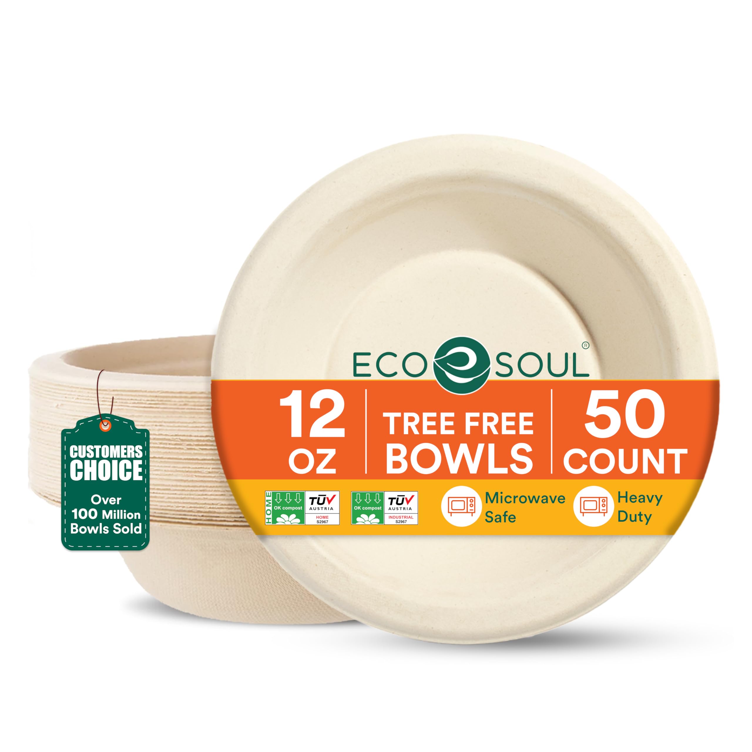 Eco Soul | Round Bagasse Bowl | 350 ml - Pack of 50 | Eco-Friendly Disposable Bowls Big Size | Sugarcane Bagasse | Non-Toxin & Leak-Proof | Good For Soups, Curries, & Rice Bowls | Beige
