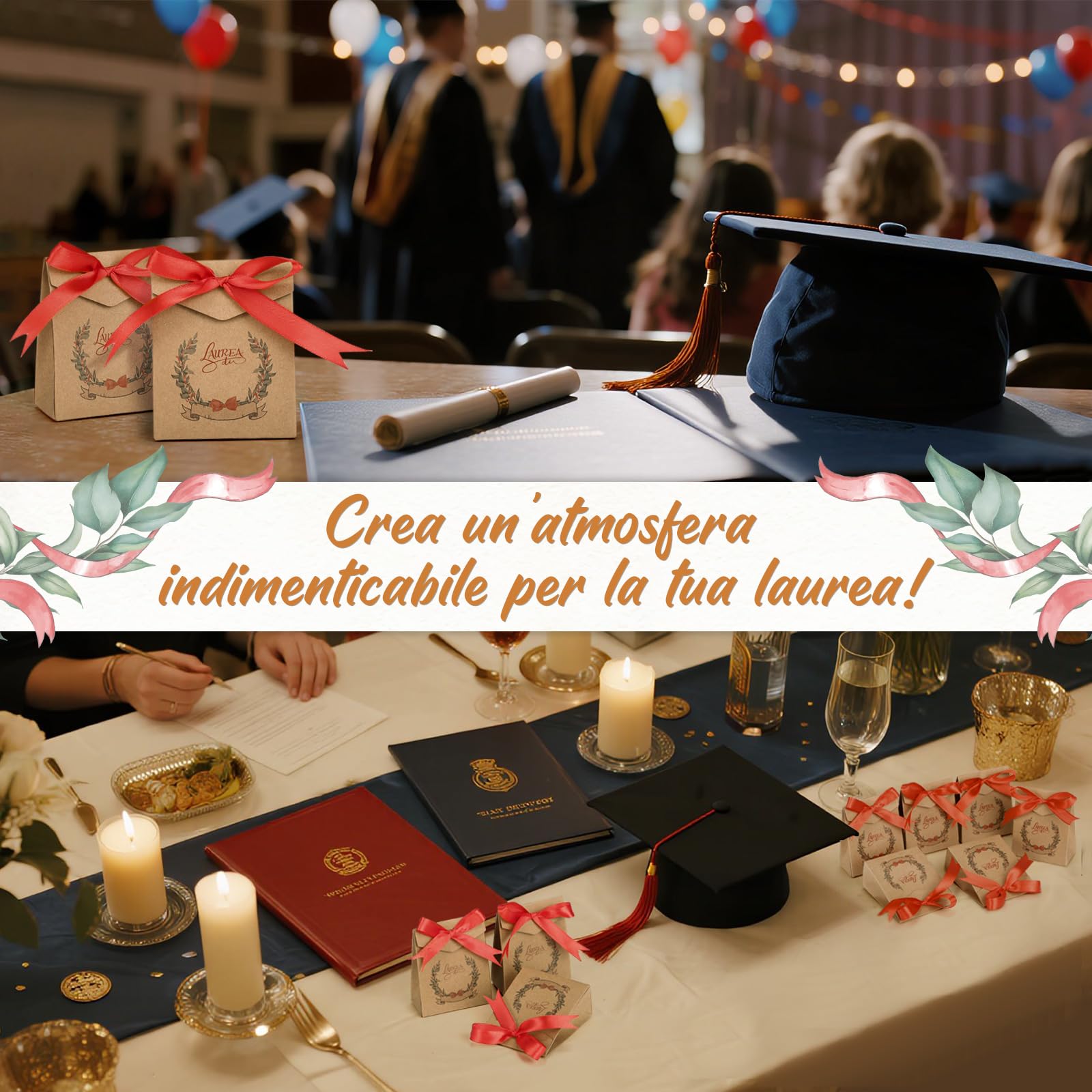 LEMESO Bomboniere Laurea 25pz, Scatoline Portaconfetti Laurea con Nastro Rosso, Motivi Originali da Scrivere Nome e Data, Scatoline Regalo 10x8x4cm