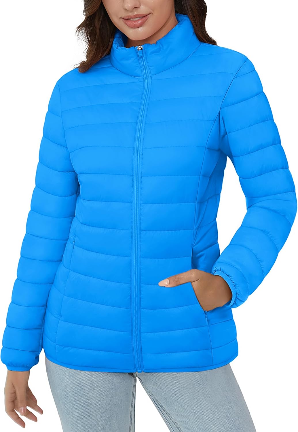 MAGCOMSEN Women's Puffer Jacket Lightweight Quilted Padded 4 Pockets Zip-up Stand-collar Winter Fleece Coat