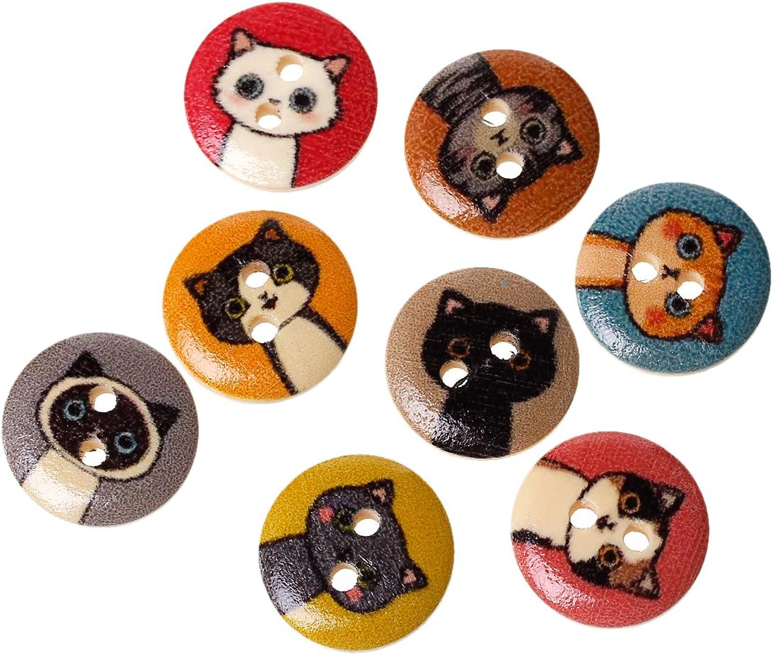 The Bead and Button Box 10 Wooden Brightly Coloured Cat Buttons