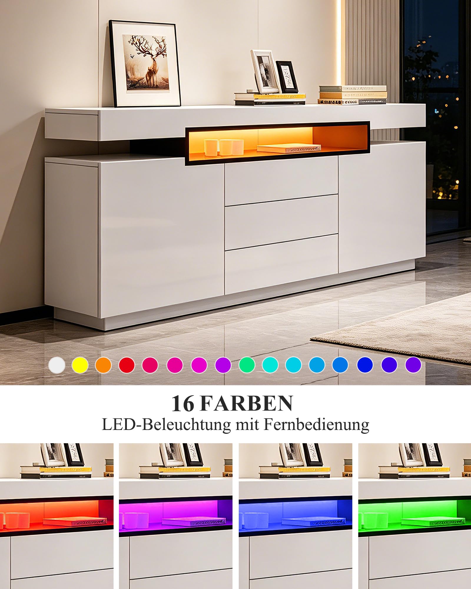 Modernes Weiß Glanz Sideboard, LED Sideboard Aufbewahrungsschrank, 160 x 35 x 72 cm, Wohnzimmer, 2 Türen, 3 Schubladen, TV-Einheit
