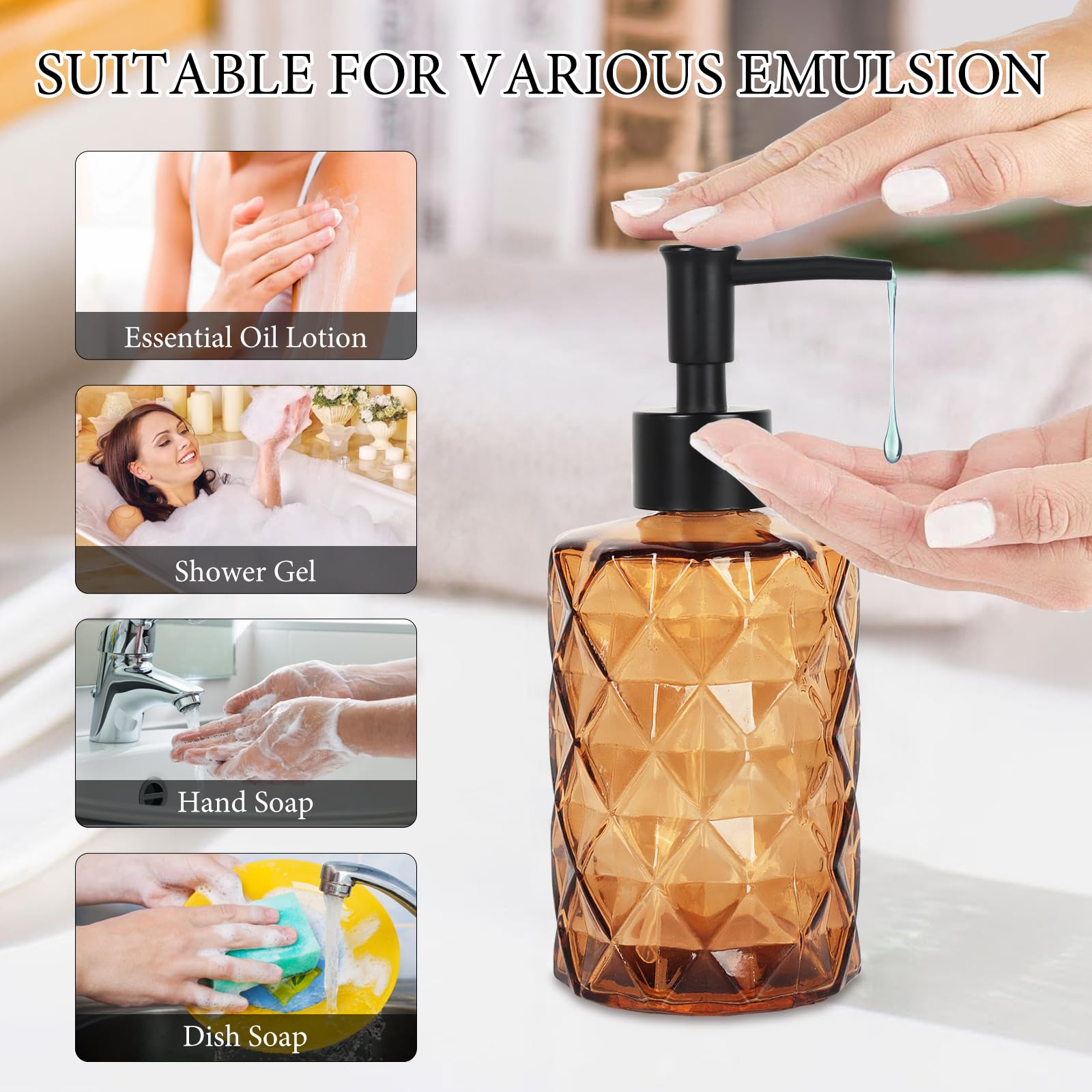 Dispenser di sapone in vetro ambrato, confezione da 2, per bagno, 350 ml, trasparente, per mani e piatti, con pompa, per cucina
