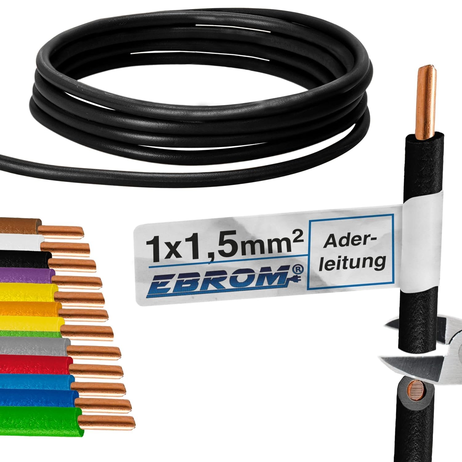 EBROM Aderleitung Einzelader STARR - H07V-U 1,5 mm² - Farbe: SCHWARZ, 100 m | 1,5 mm2 -> 100 Meter RING, Massivleiter eindrähtig, Verdrahtungsleitung, Installationsdraht, Schaltdraht, PVC Ader