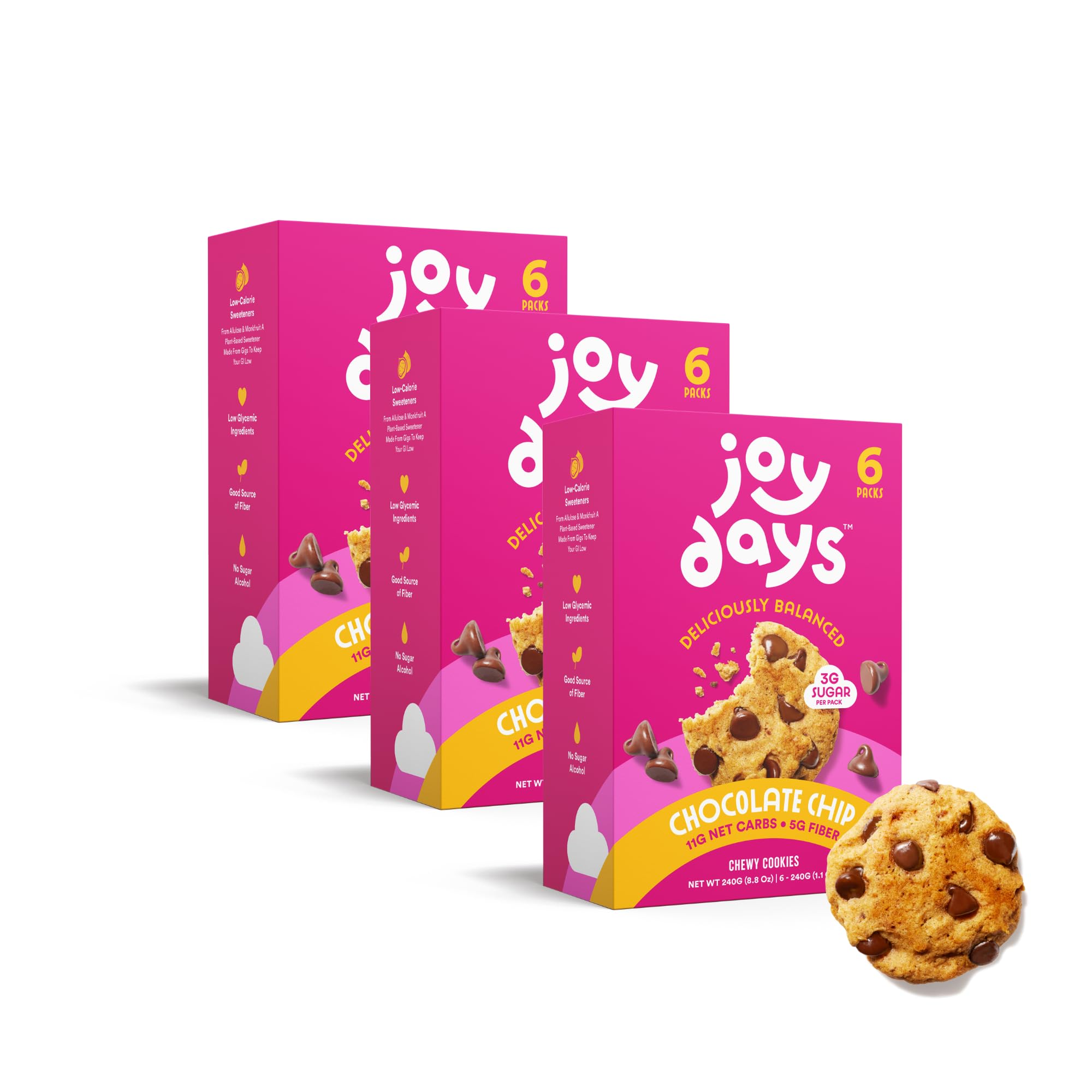Joydays Chocolate Cookies, Low Sugar, Healthy Snacks for Adults and Kids, Snack Packs, Low Glycemic Soft Baked Cookie for Breakfast or Dessert, 3g Protein, 3g Sugar, 5g Fiber (18-Pack, Chocolate Chip)