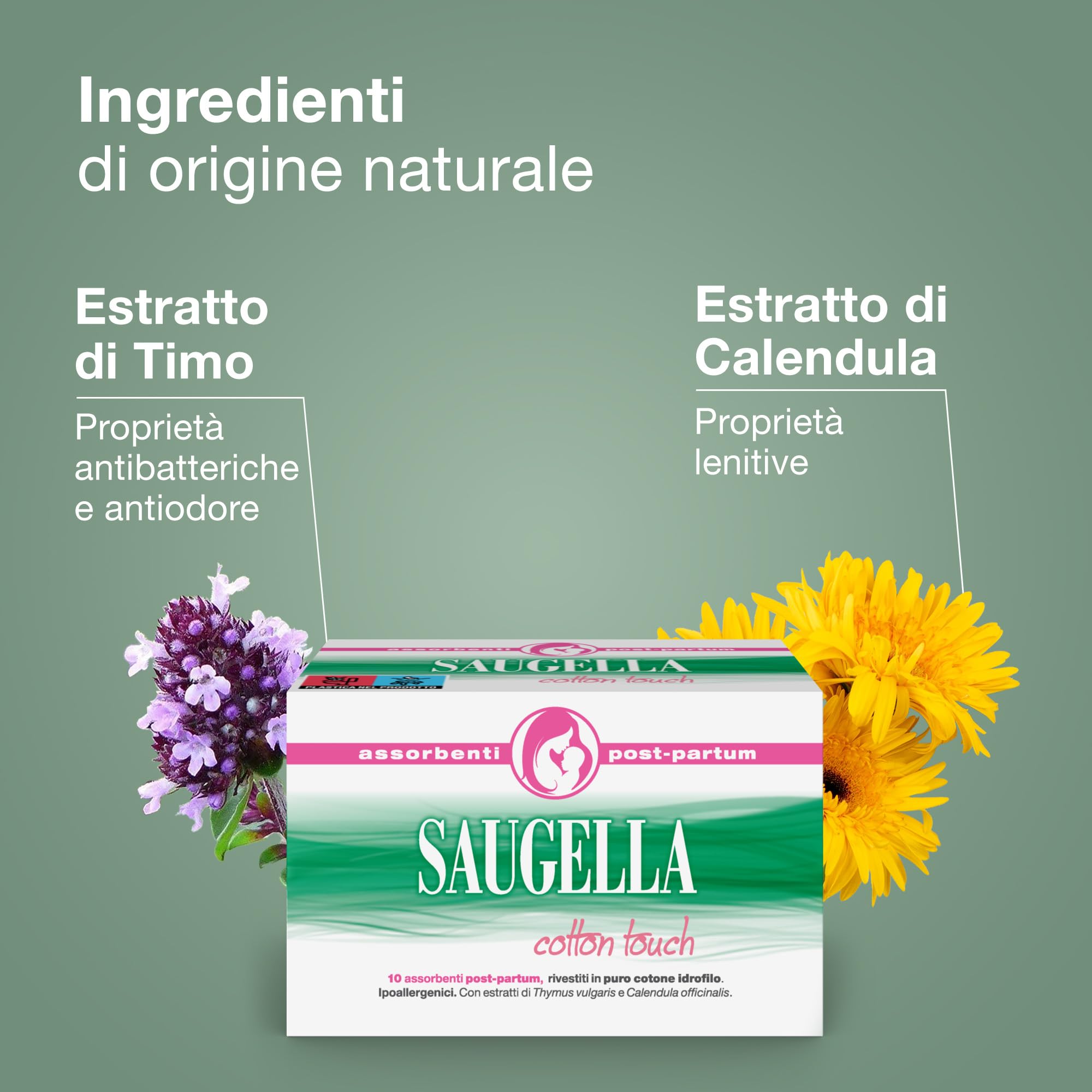 Saugella Cotton Touch Post Parto, 10 Assorbenti Cotone Post Parto, Senza Strato Adesivo, Azione Antibatterica, Lenitiva