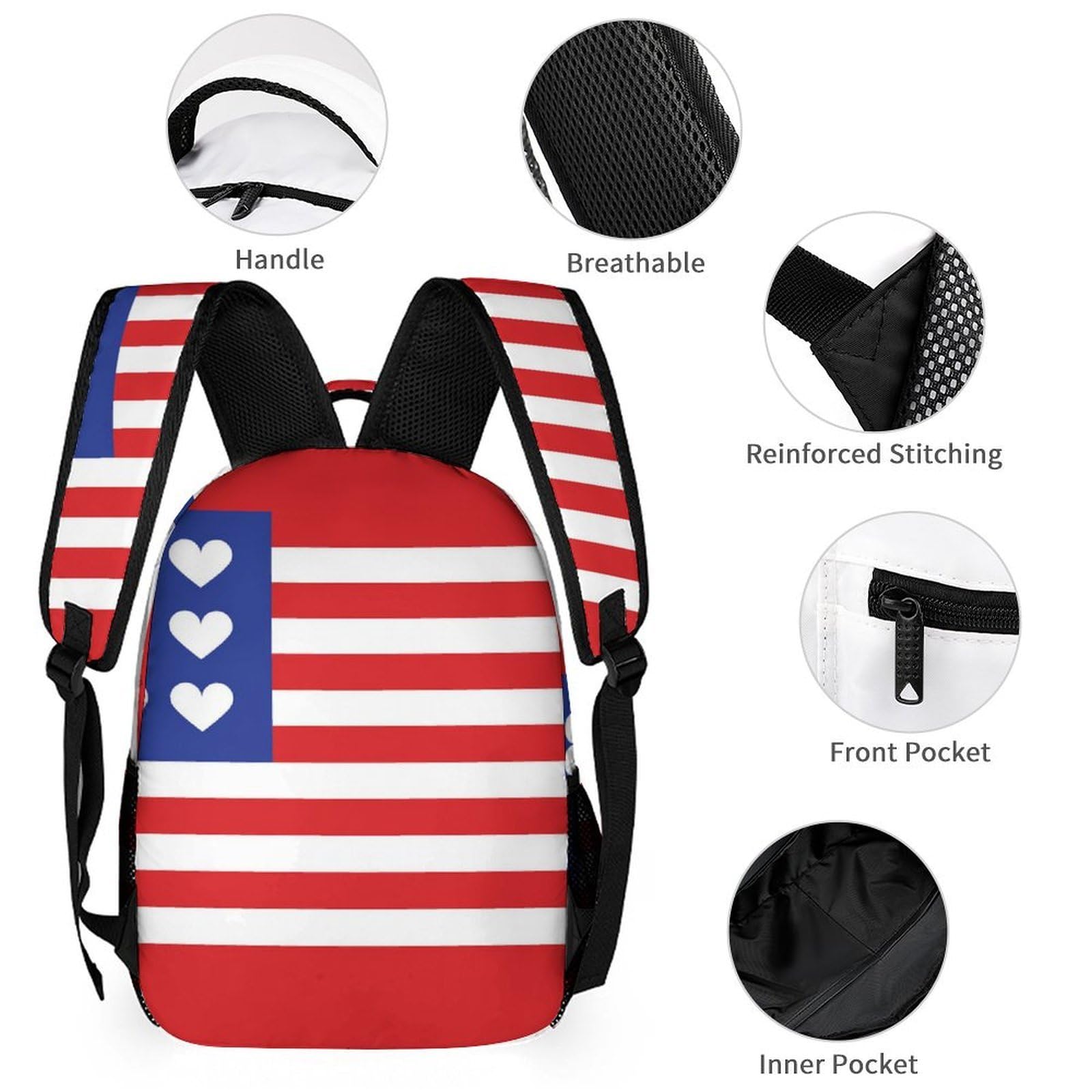Sac à dos léger avec boîte à lunch, trousse de maquillage et rangements (rouge, bleu, blanc, américain)