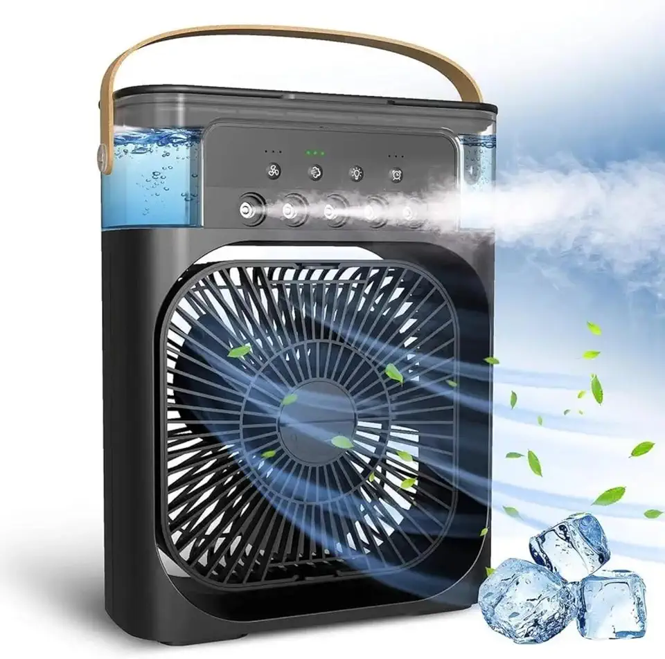 Mini Ar Condicionado Umidificador Refil Gelo Portátil Luz Led Ventilador Mesa Climatizador Purificador Escritório Reservatório Refrigerador USB Led Bivolt Névoa Silencioso Ar Fresco CLAYMORE (Preto)