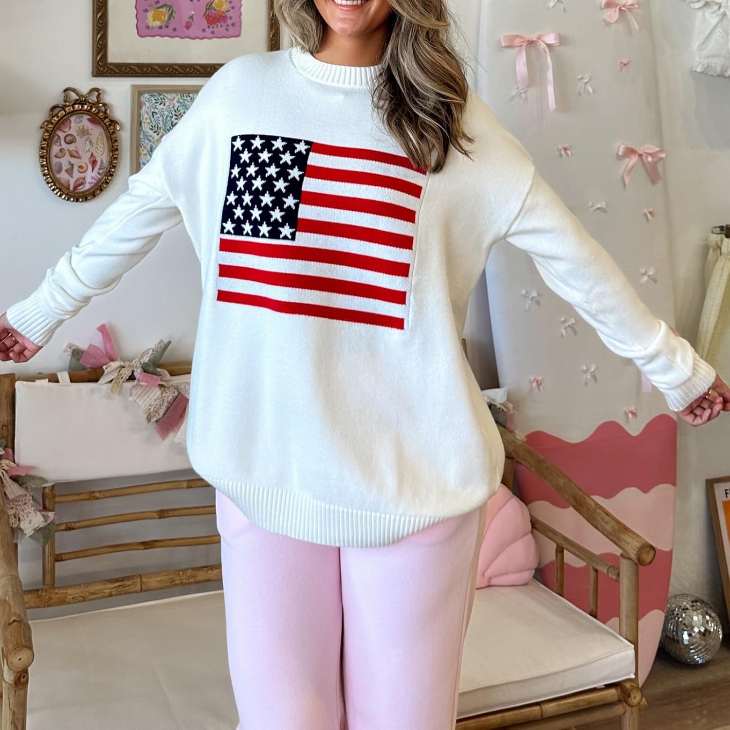 Women's American Flag Pattern Sweater Long Sleeve Knit Crewneck Sweater Casual Loose Pullover Top - Image 3