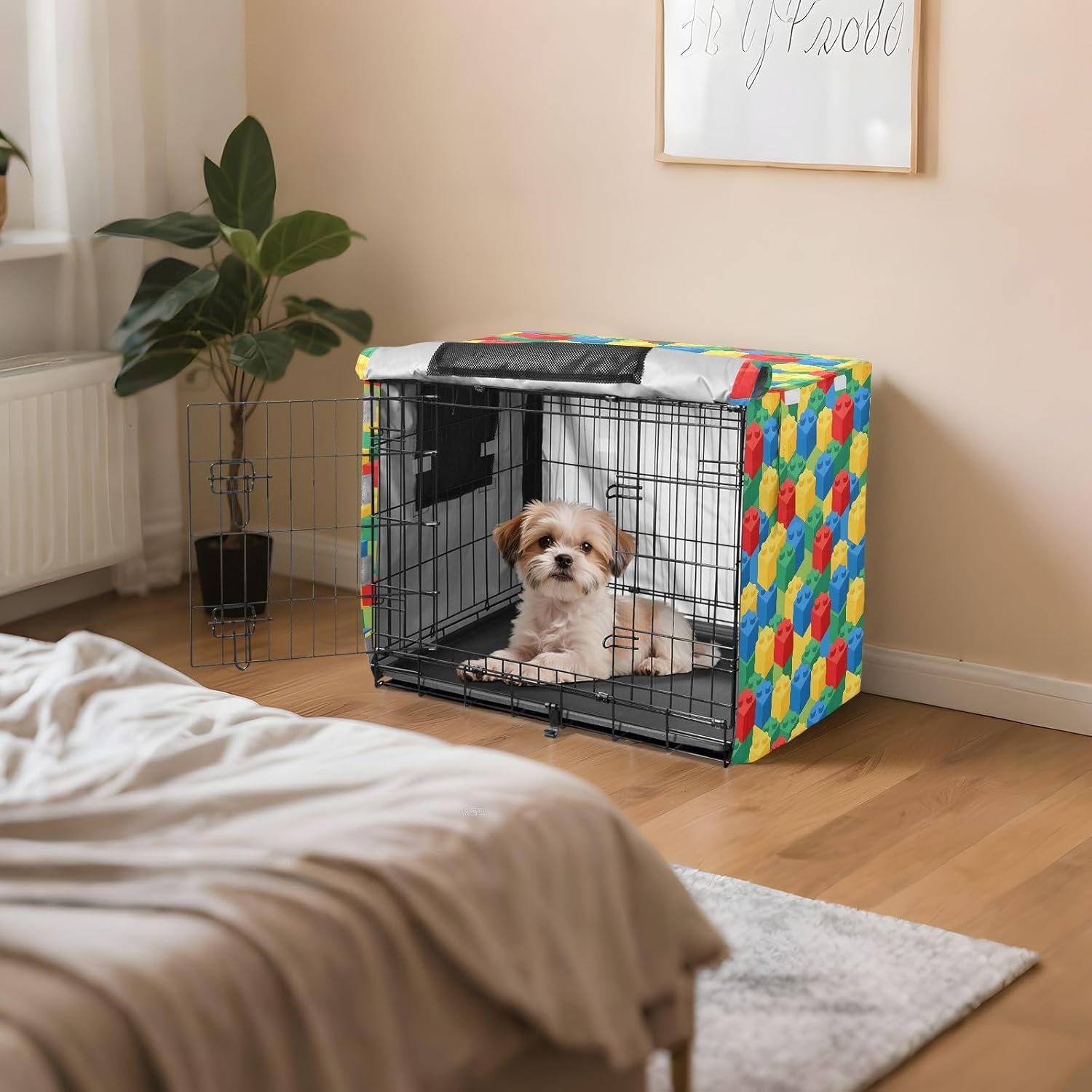 Colorful Bricks Dog Crate Cover 600D Oxford Pet Kennel Cover with Mesh Window for Dog Cages, Windproof Waterproof Machine Washable, 48"x30"x33"