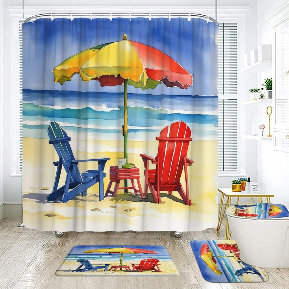 4 Pcs Colorful Beach Chair Shower Curtain Sets with Rugs,Tropical Ocean Summer Seaside Nature Scenery Bathroom Set with Hooks(Bath Mat,U Shape and Toilet Lid Cover Mat)
