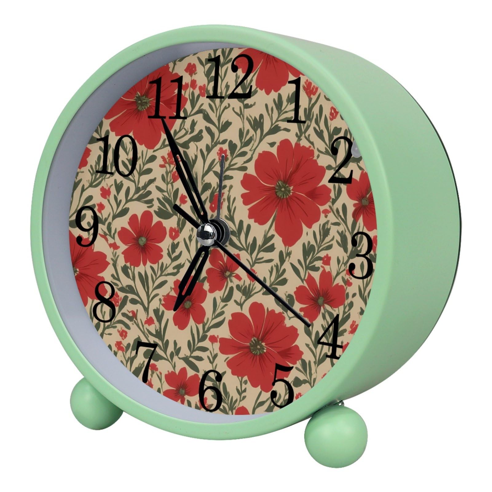 etoenbrc Vintage Red Wildflowers and Herbs Round Battery Operated Bedside Alarm Clock Non-Ticking Desktop Silent Analog Alarm Clock with Light
