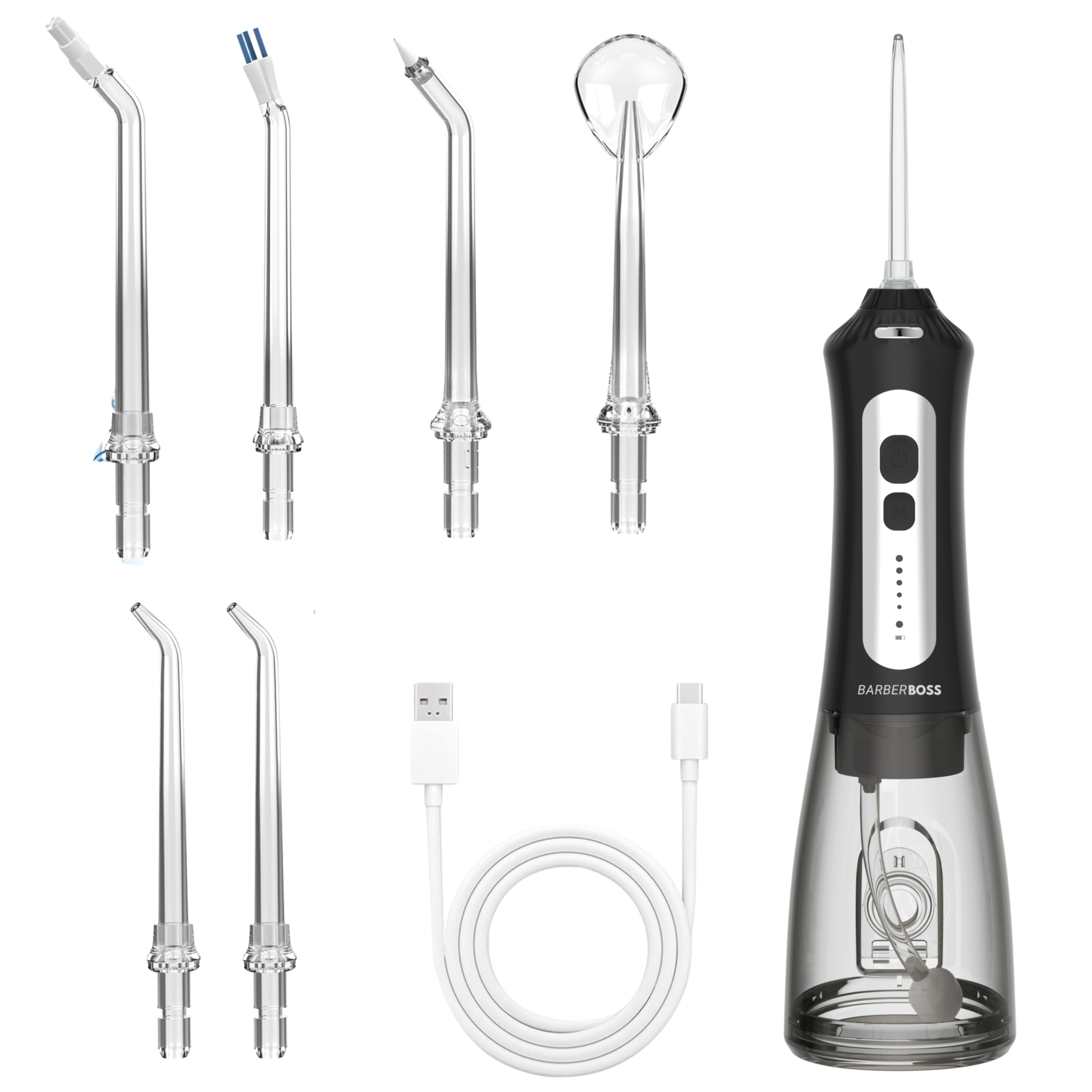 Irrigador bucal inalámbrico BarberBoss para dientes y encÃas, 6 boquillas multifuncionales, pantalla LED, recargable por USB, irrigador eléctrico (negro)
