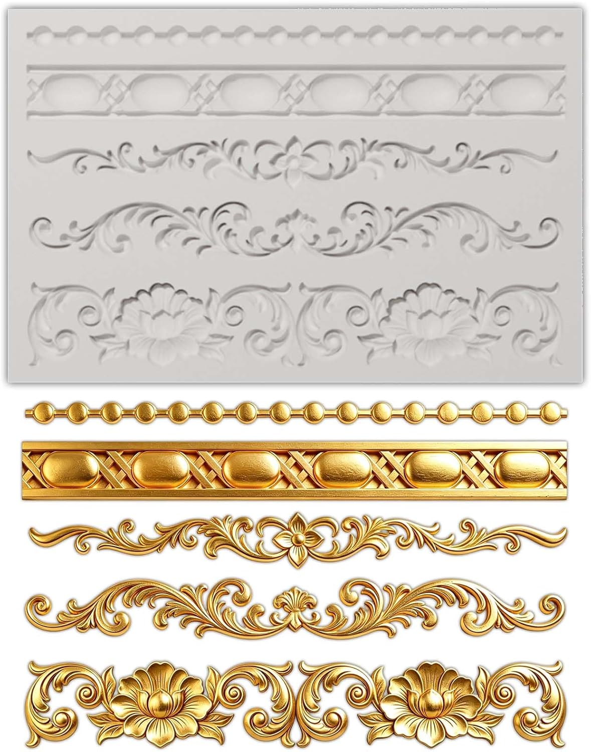 GLOBLELAND 3D Vintage Floral Vines Silicone Mold for Polymer Clay Soap 8.2x5.5inch Lace Border Mould for DIY Craft Projects Furniture Dresser Decor