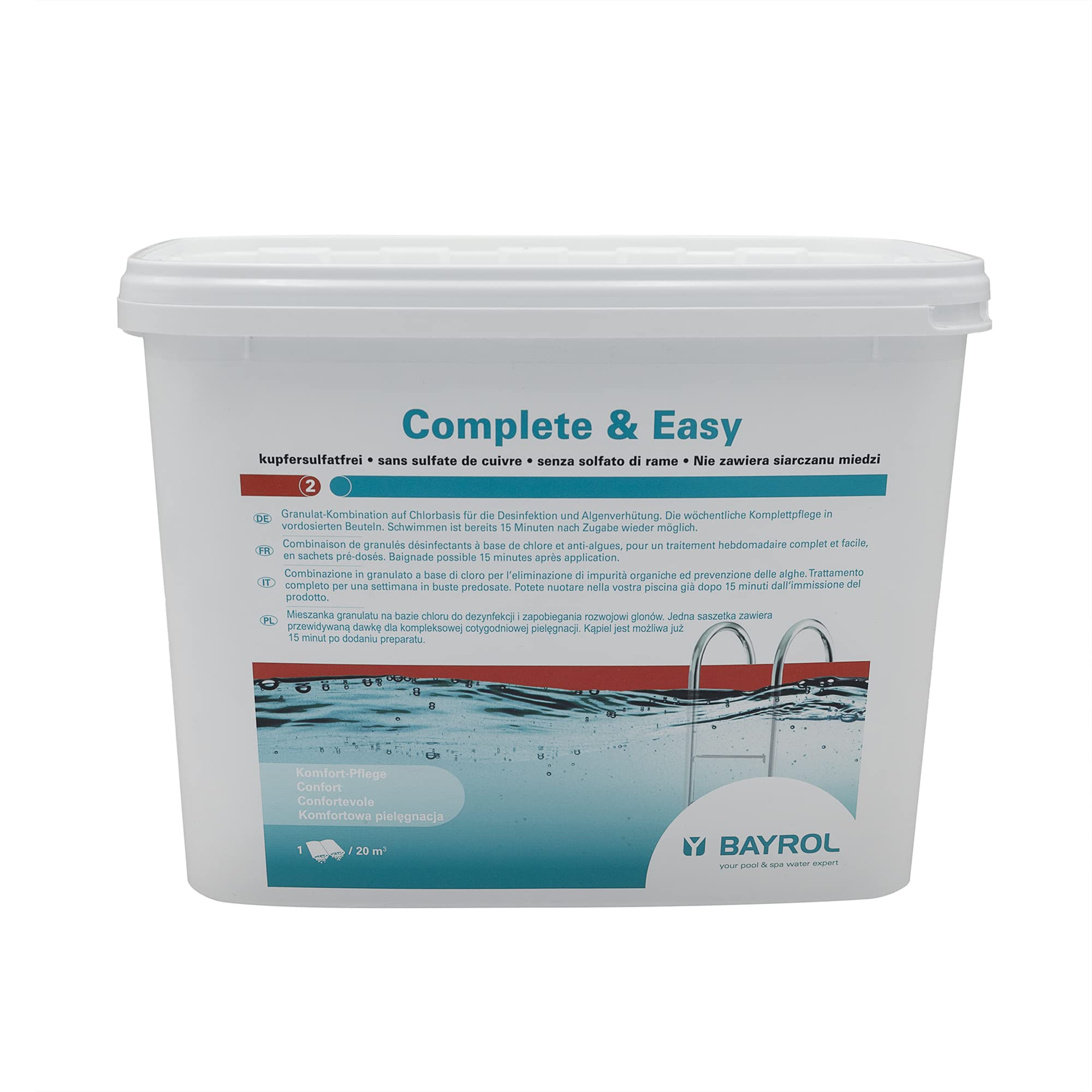 BAYROL Complete & Easy (16 sachets) - 4,48kg | Combiné Chlore/Oxygène Actif avec Effet Anti-Algues - Désinfection Régulière - Sachets pré-dosés - sans sulfate de cuivre + 10 Tests HPS OFFERTS 6 en 1