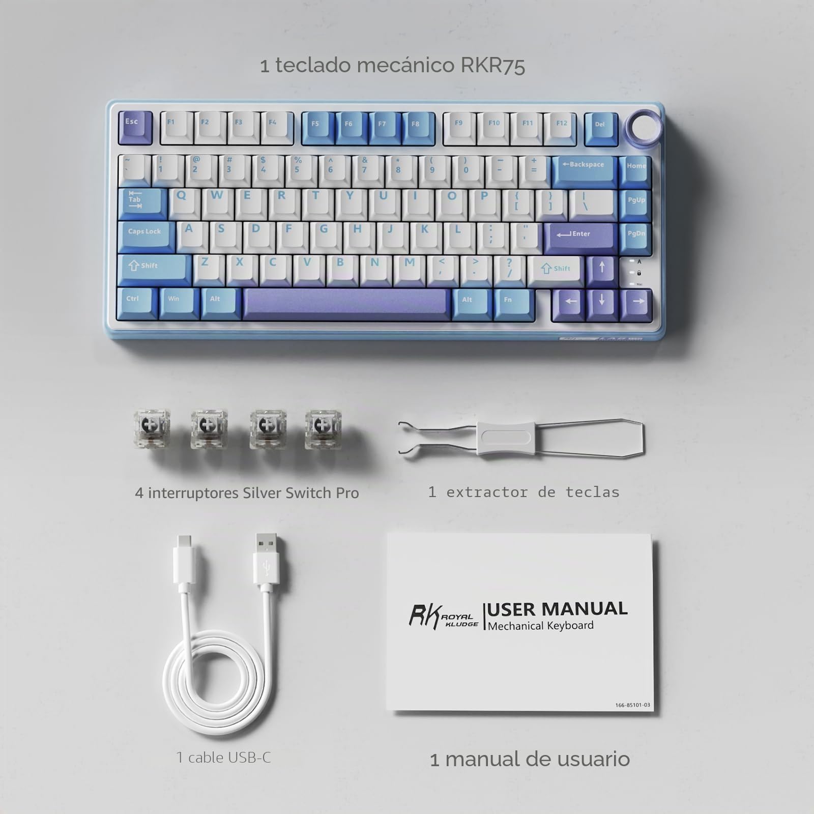 RK ROYAL KLUDGE Teclado mecánico R75 con cable con perilla Volum, 75% TKL Custom Gaming Keyboard Junta Montaje RGB retroiluminado con software, perfil de cereza, interruptor plateado intercambiable en