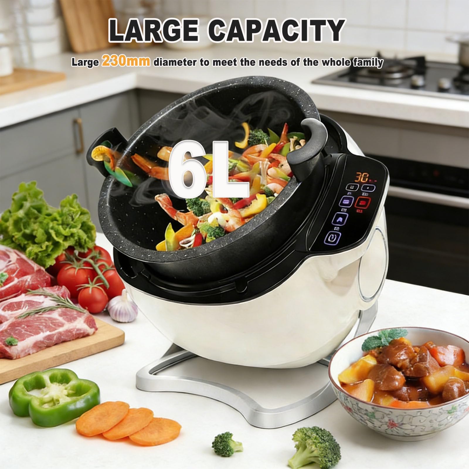 Macchina da cucina portatile, 6 l, con rotazione a 360°, 3 impostazioni di velocità, avvio intelligente con un clic per mescolare e cuocere in umido