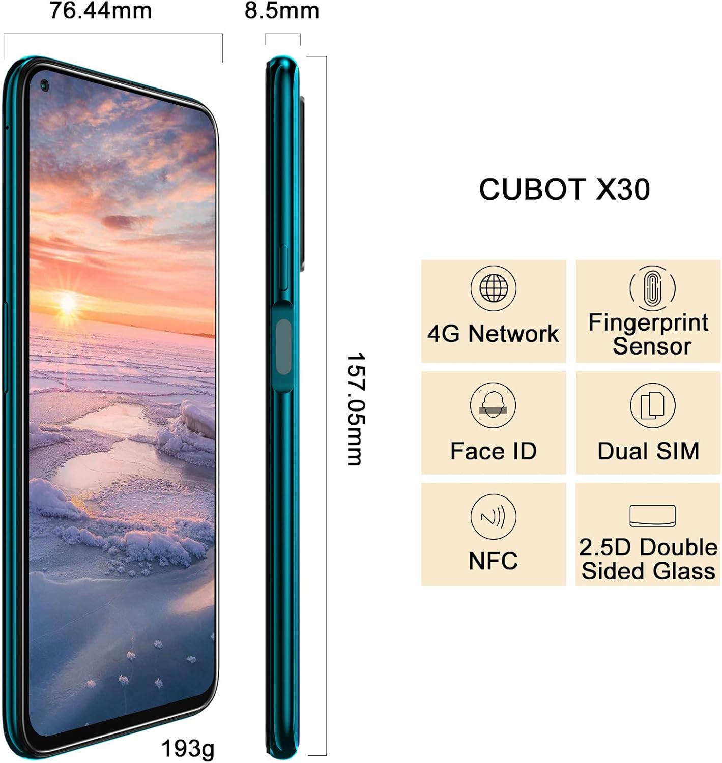 CUBOT X30 dimensioner og funktioner inklusive SIM-kortbakke