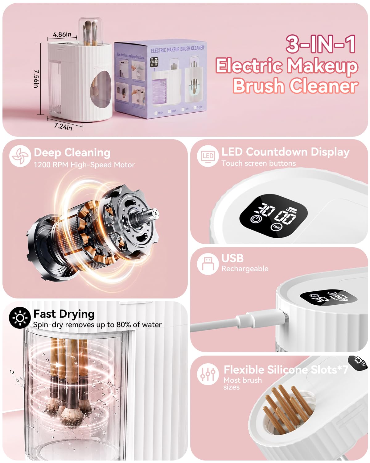 Pulitore e asciugatrice elettrico 3 in 1 per pennelli da trucco, macchina automatica per la pulizia profonda con centrifuga e conservazione antipolvere, alimentazione USB, adatta a pennelli di