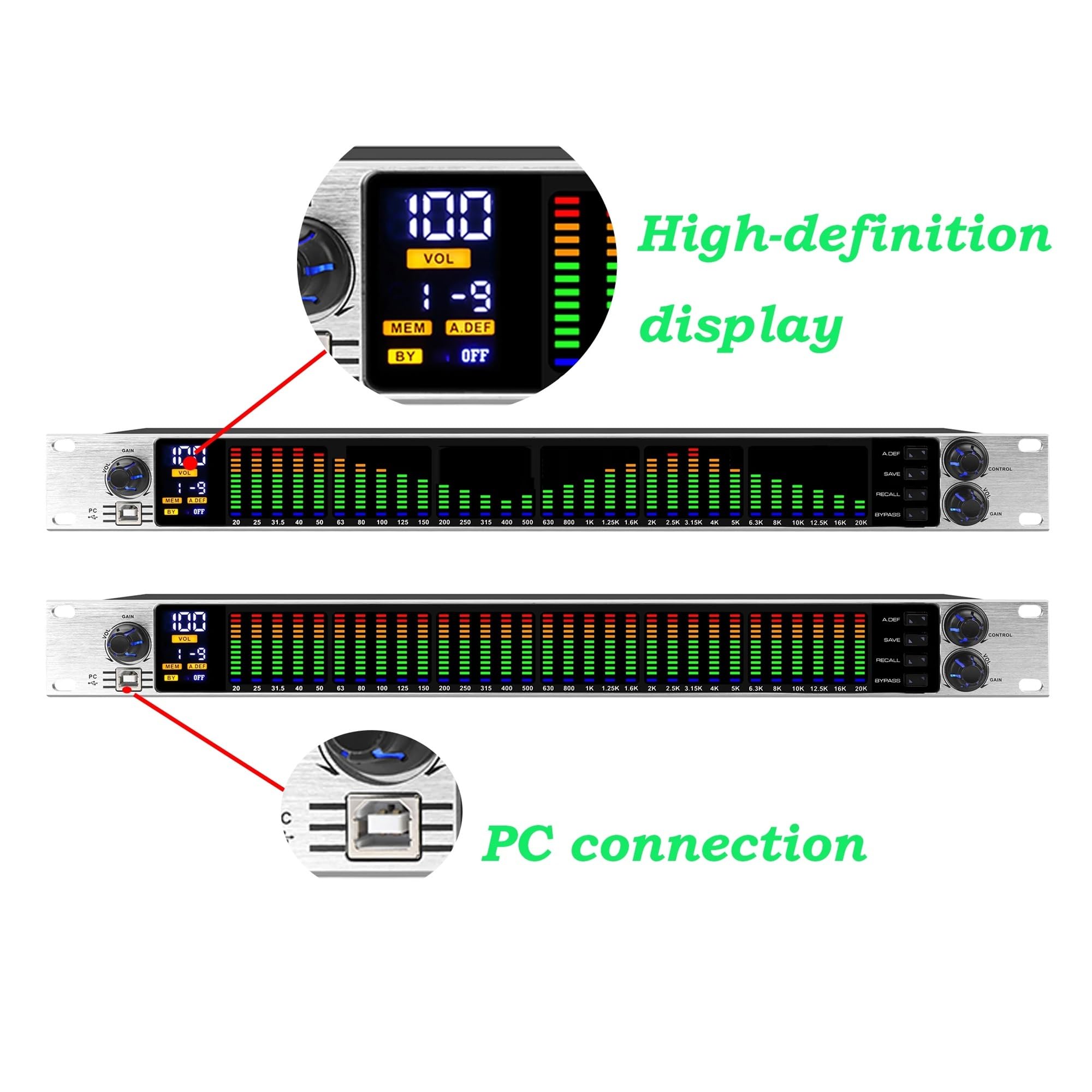ECUALIZADOR Digital De 31 Bandas, Efecto DSP, Ecualizador Profesional De Espectro, Altavoz Con Pantalla LED, Audio Con Reducción De Ruido(B White)