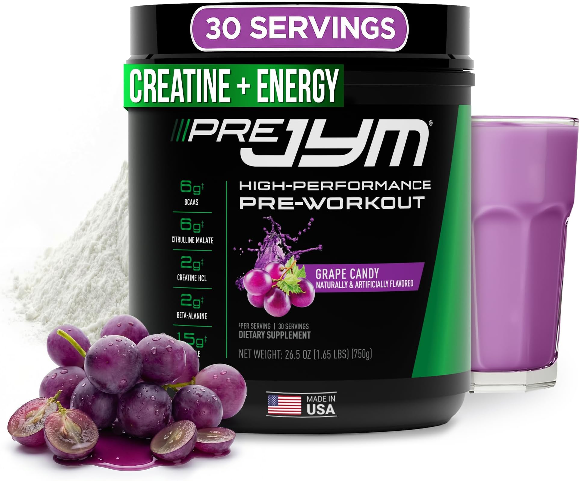 JYM Supplement Science Pre JYM Grape Candy Pre Workout Powder - BCAAs, Nootropics, Creatine HCI, Citrulline, Beta-Alanine, Betaine, Taurine, Huperzine 30 Servings