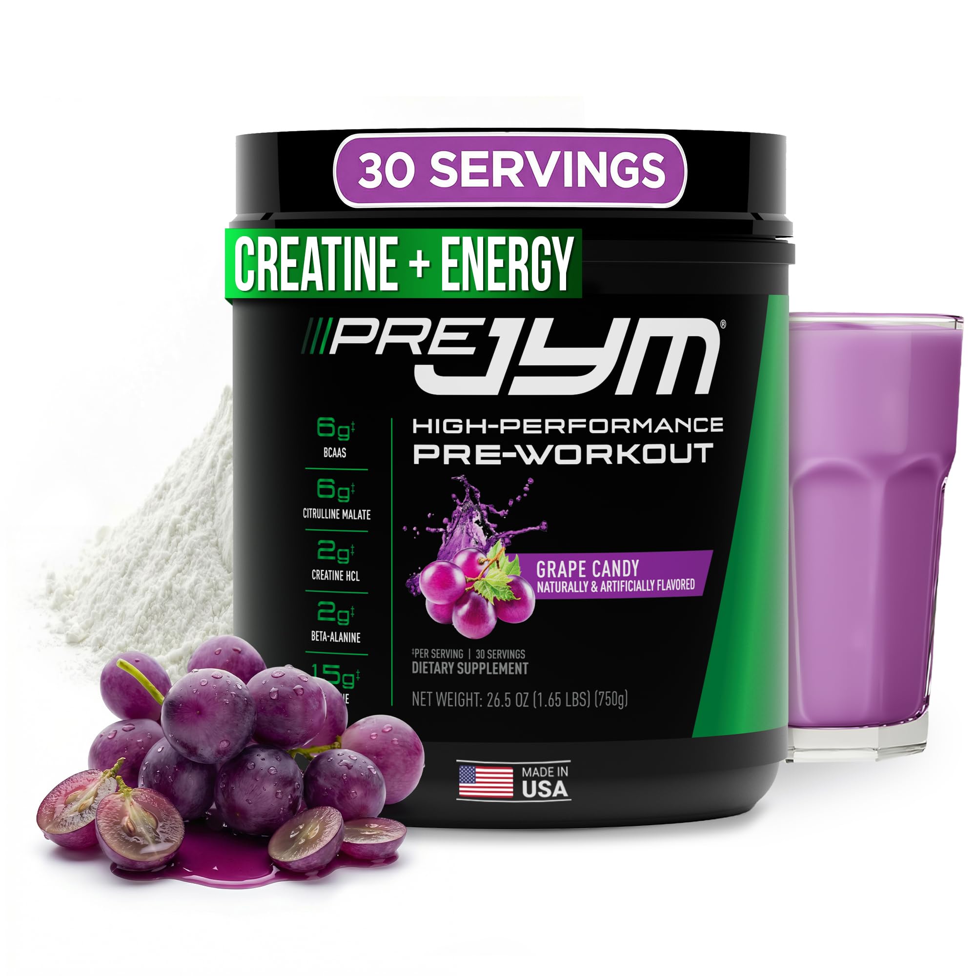 JYM Supplement Science Pre JYM Grape Candy Pre Workout Powder for Men & Women, BCAAs, Nootropics, Creatine HCI, Citrulline, Beta-Alanine, Betaine, Taurine, Huperzine, 30 Servings