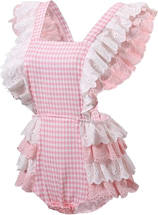 CutiePlusU Cotton Button Crotch Bodysuit Onesie Pajamas- Lace Diamond Check Overalls