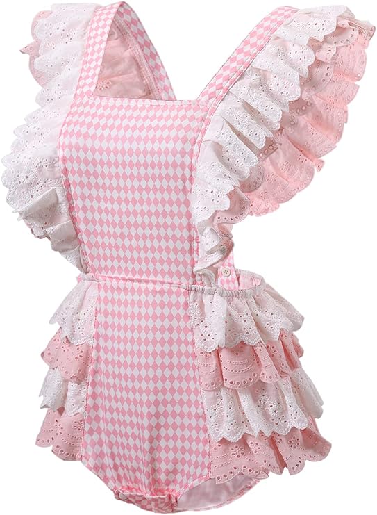 CutiePlusU Cotton Button Crotch Bodysuit Onesie Pajamas- Lace Diamond Check Overalls