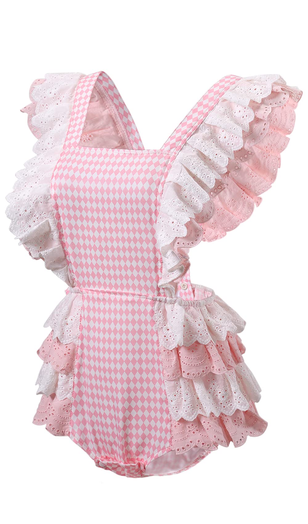 CutiePlusU Cotton Button Crotch Bodysuit Onesie Pajamas- Lace Diamond Check Overalls