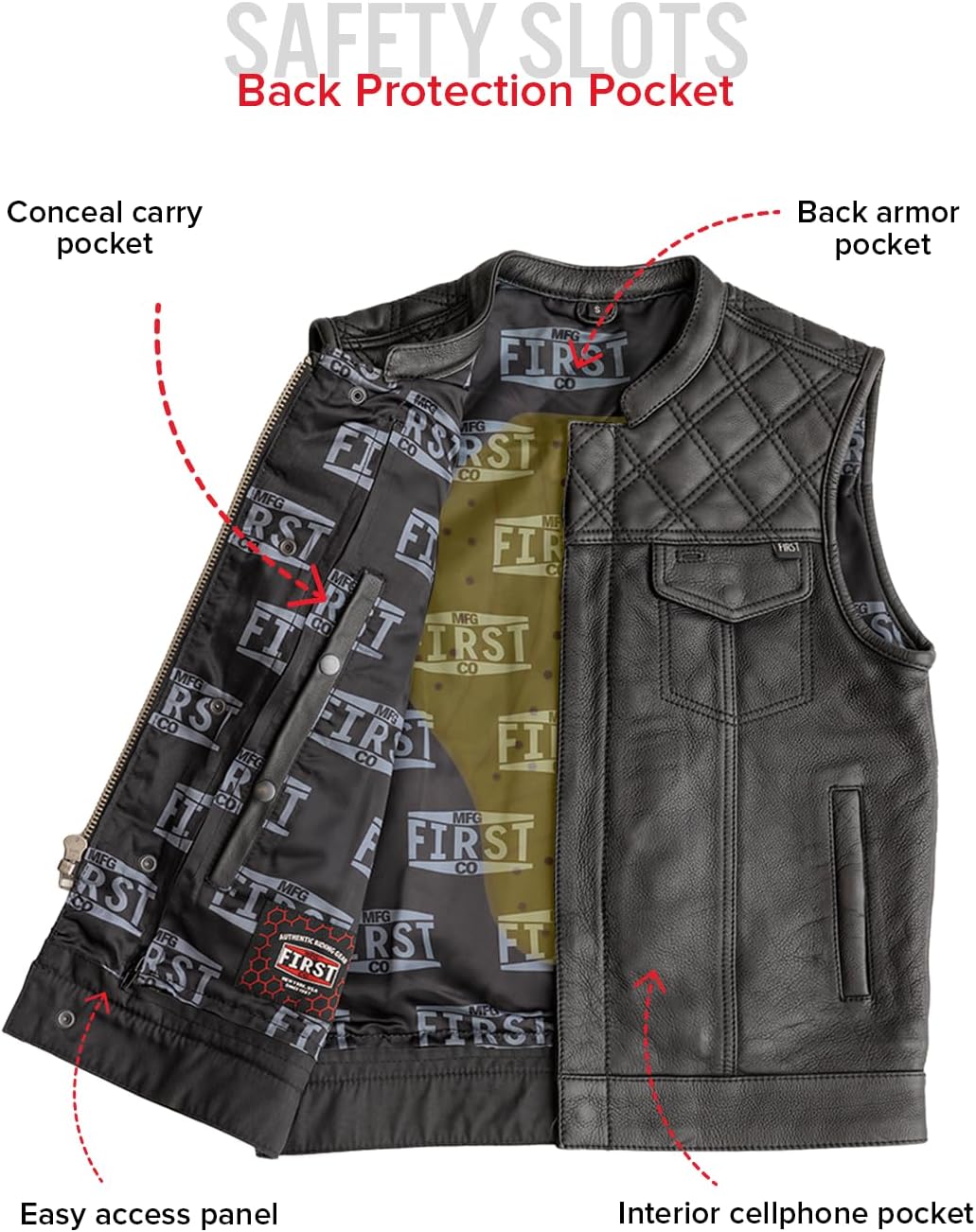 First Mfg Co Signature Men’s Motocycle Club Style Leather Vest Double Diamond Stitching Banded Collar Satin Liner YKK Zippers