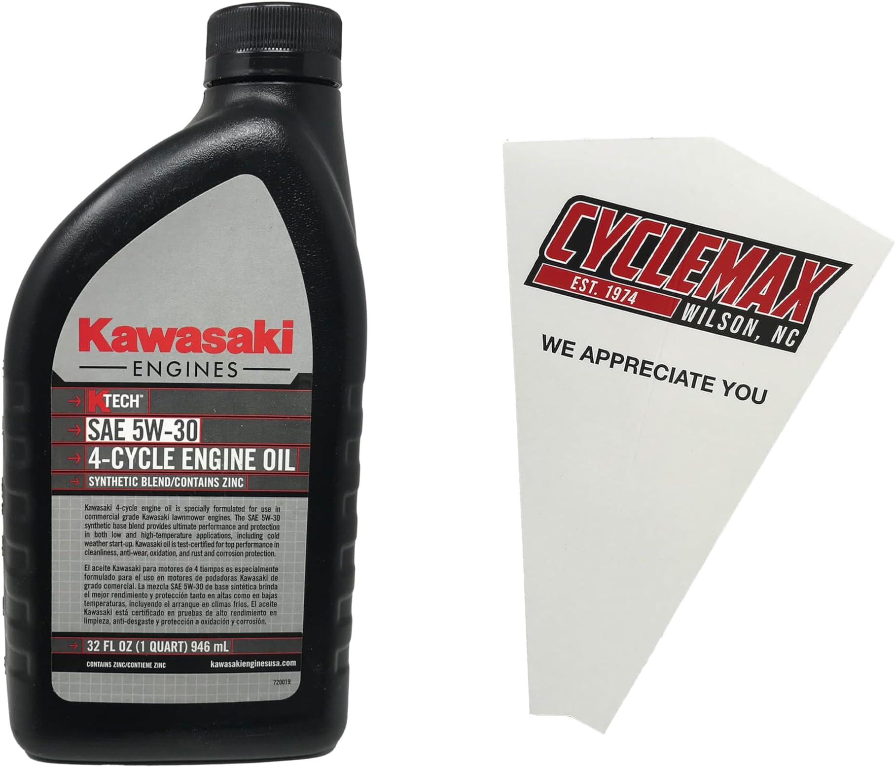 Cyclemax One Pack for Kawasaki 4 Cycle 5W-30 K-Tech Lawnmower Engine Oil 99969-6500 Contains One Quart and a Funnel