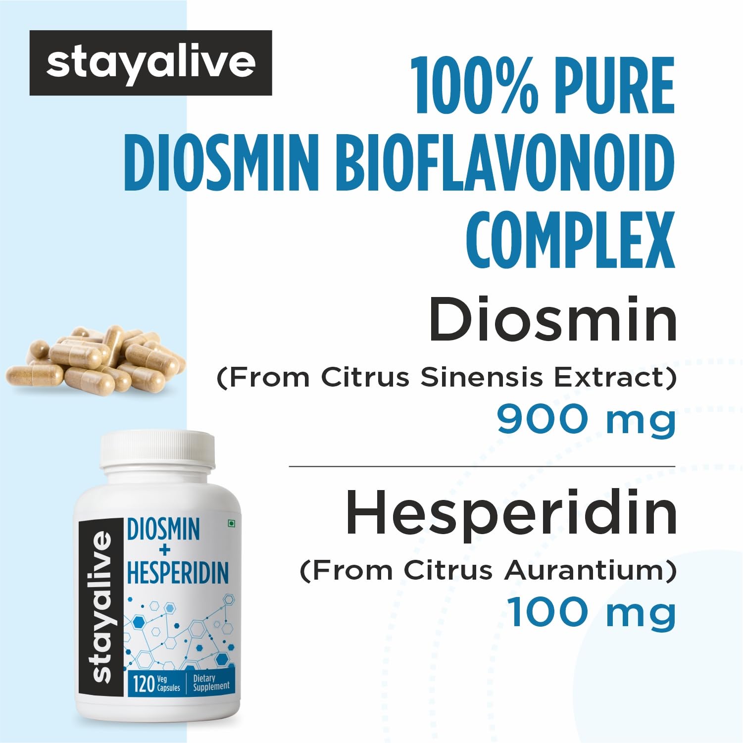 STAY ALIVE Diosmin Hesperidin 1000mg Complex, 120 Count, Citrus Bioflavonoids Rich Fruit Extract, 2 Month Supply, 100% Vegetarian, Non-GMO & Gluten Free Hesperidin and Diosmin Supplement Capsules — Amazon image 3
