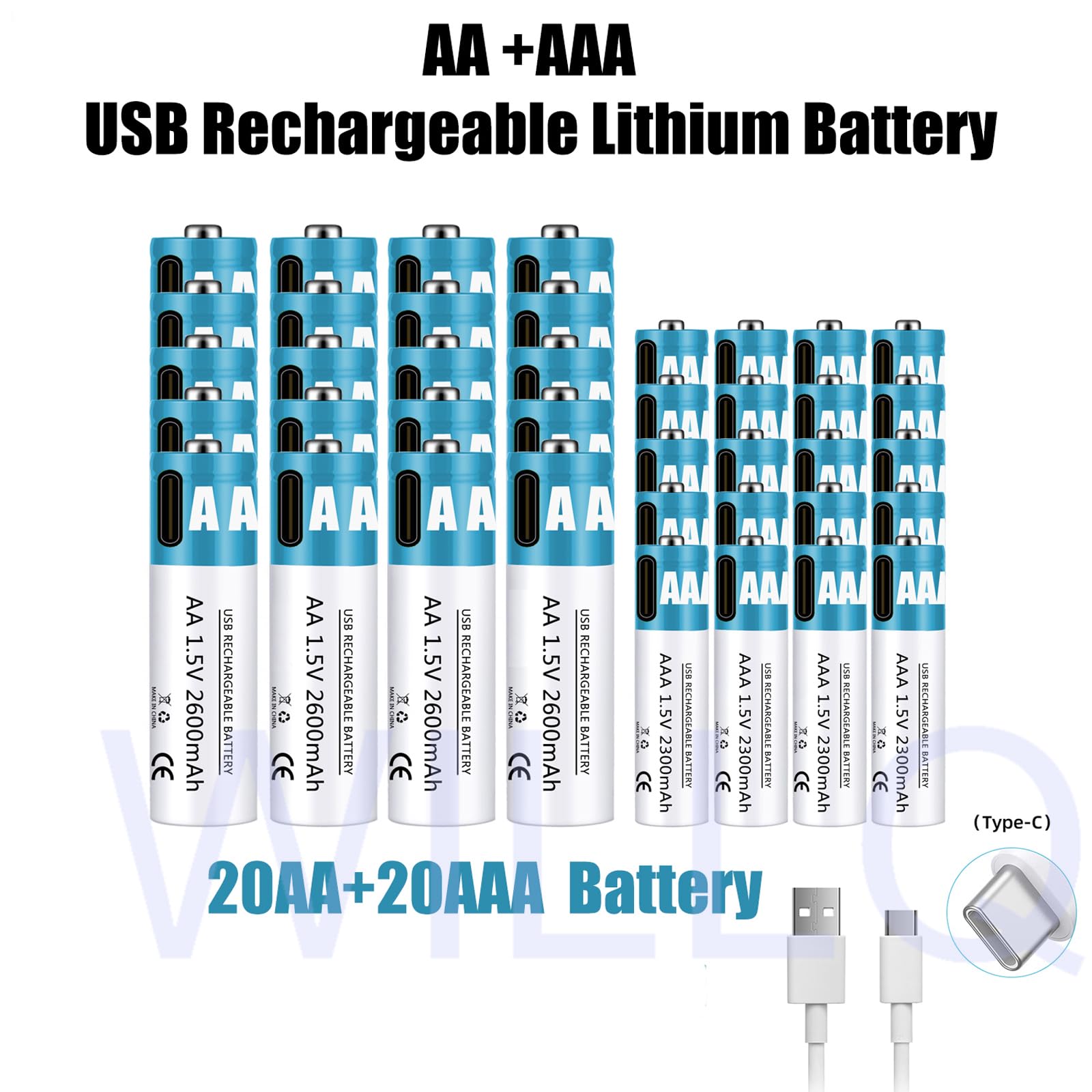 Baterías Recargables AA+AAA 1,5 V 2600 mAh + 2300 mAh batería de Iones de Litio de Alto Rendimiento Carga rápida USB-C (con Cable) para Juguetes/teclados,2600mah+2300mah,20pcs