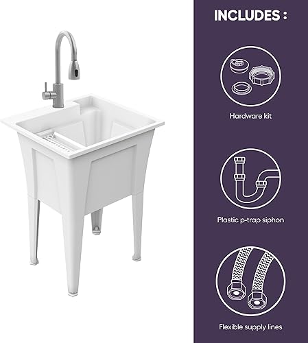 Vista 16 de Fregadero independiente con grifo negro de una manija, fregadero de plástico de 24 pulgadas para garaje, lavandería