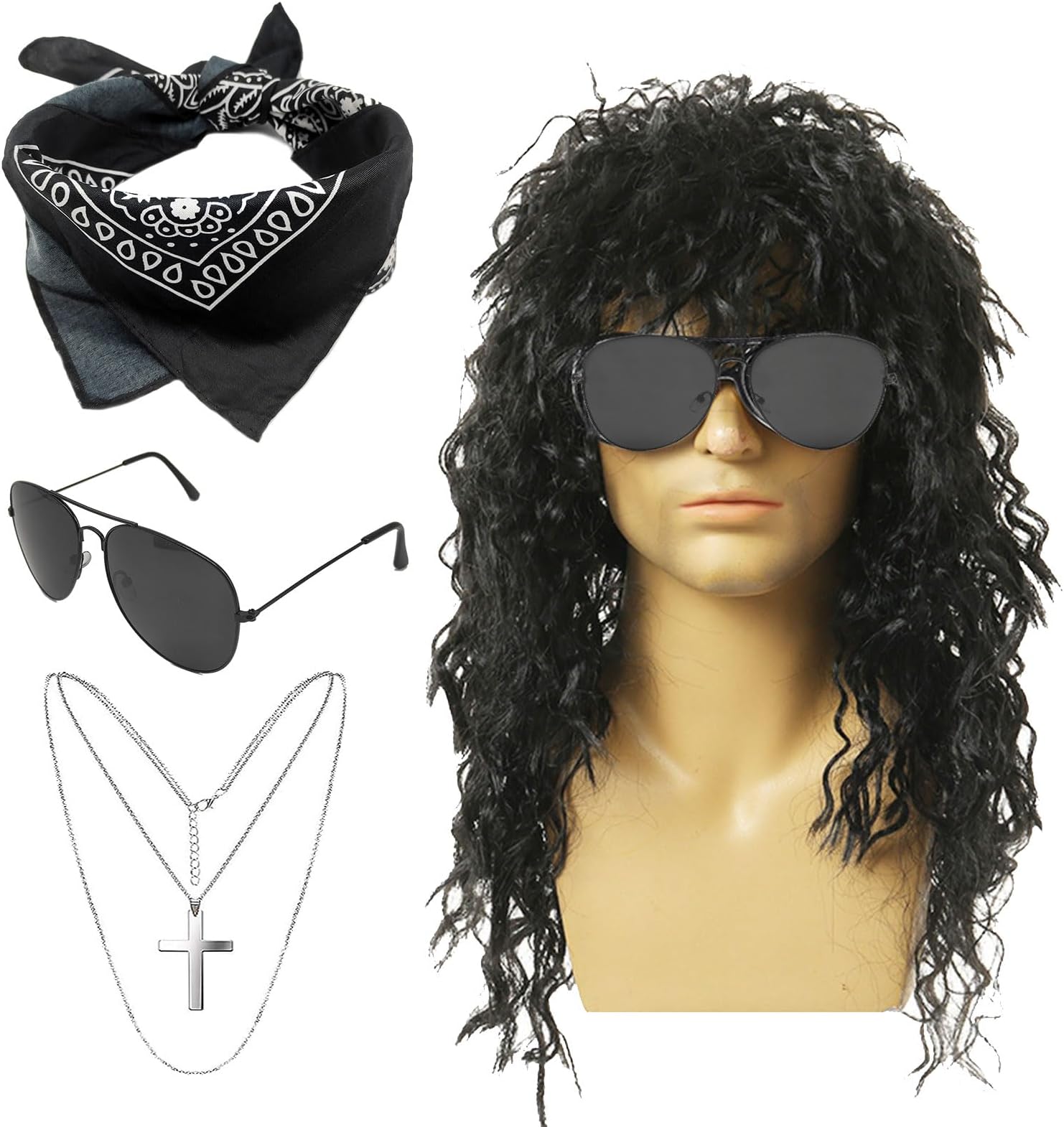 SKHAOVS 4Pcs Rocker Costume Set 60s 70s 80s Disco Hippie Wig for Adults With Sunglasses, Bandana, Cross Necklace - Theme Party Halloween Show (Black)